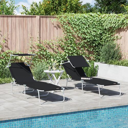 Sammenfoldelige liggestole 2 stk med canopy Sort 600D Oxford stof