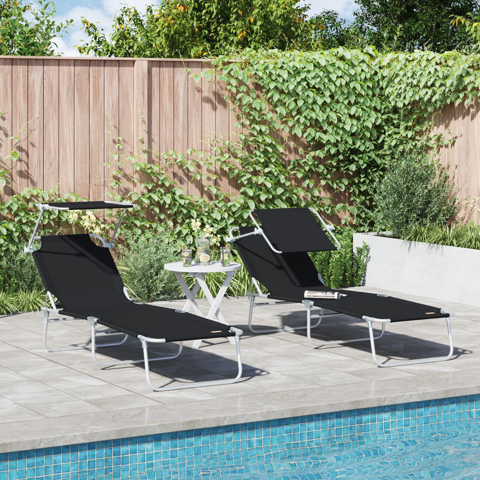 Sammenfoldelige liggestole 2 stk med canopy Sort 600D Oxford stof