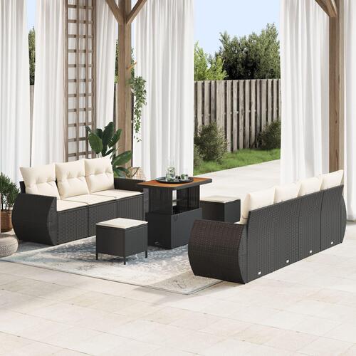 10 Stykker Have Sofa Sæt med Puder Sort Poly Rattan Akacie, 3 Stykker Have Dining Set med Puder Sort Poly Rattan Akacie
