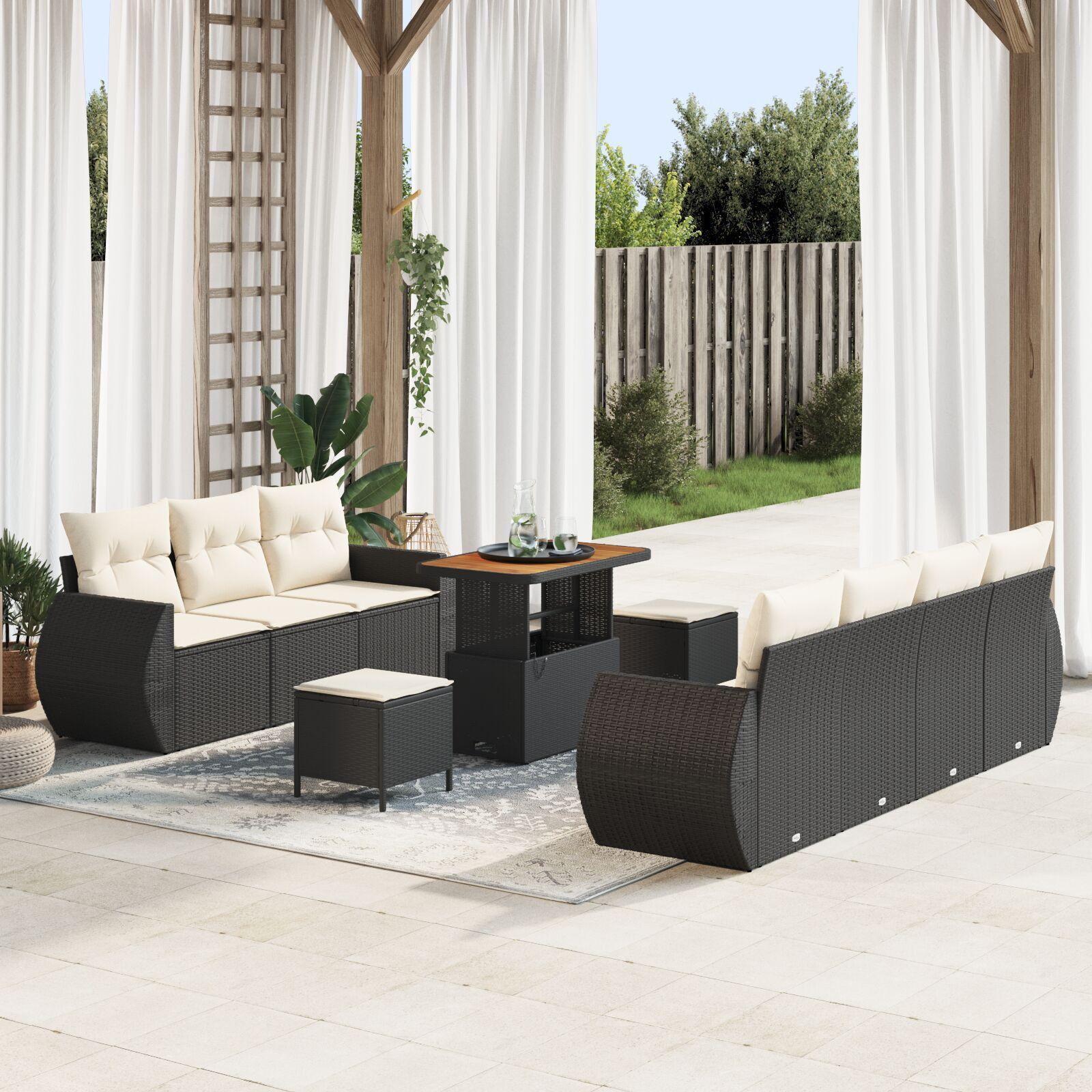 10 Stykker Have Sofa Sæt med Puder Sort Poly Rattan Akacie, 3 Stykker Have Dining Set med Puder Sort Poly Rattan Akacie
