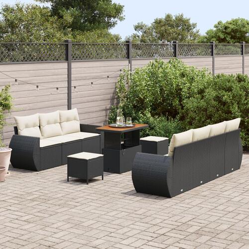 10 Stykker Have Sofa Sæt med Puder Sort Poly Rattan Akacie, 3 Stykker Have Dining Set med Puder Sort Poly Rattan Akacie