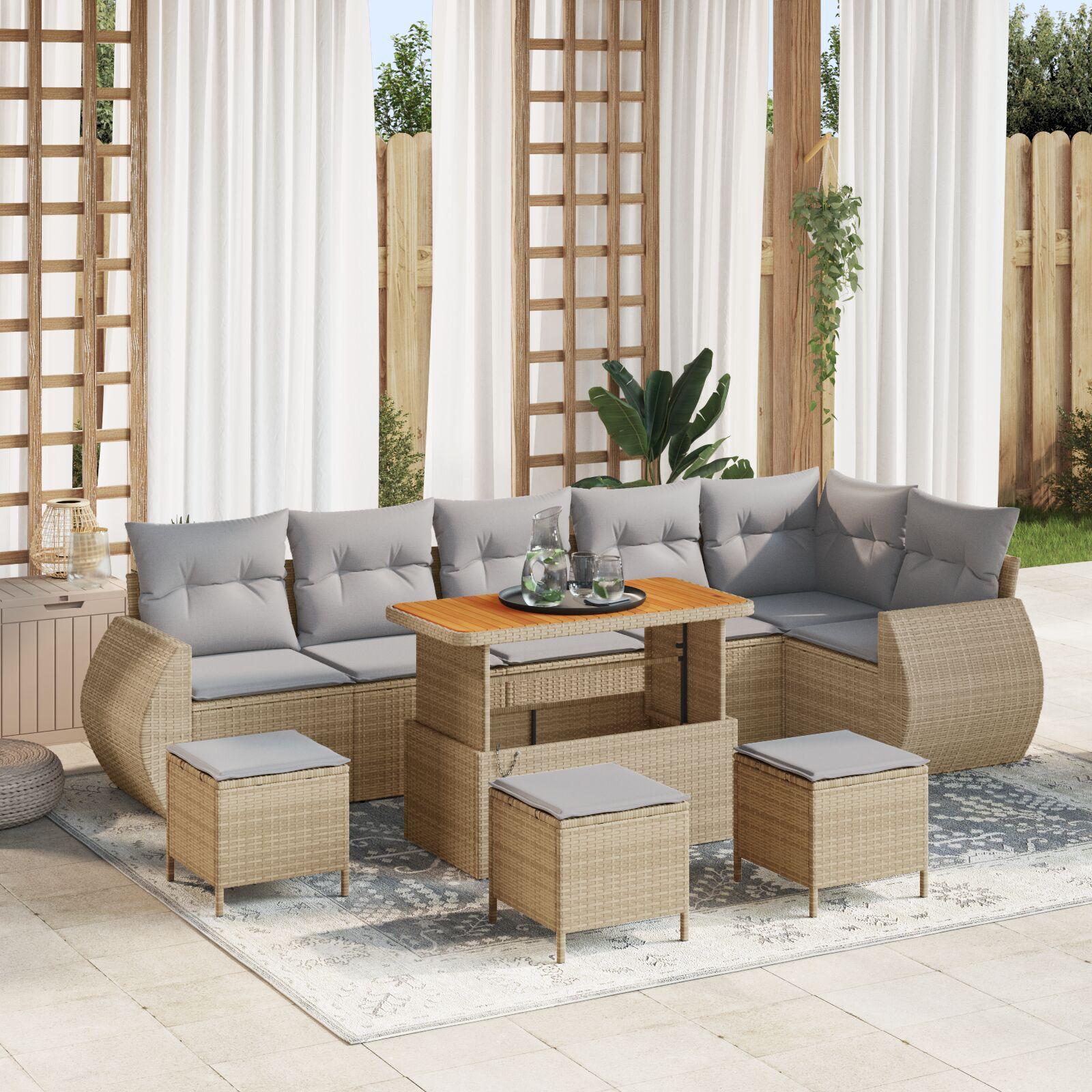 Havesofa sæt 9 dele i beige polyrattan - modulært loungesæt med justerbart bord