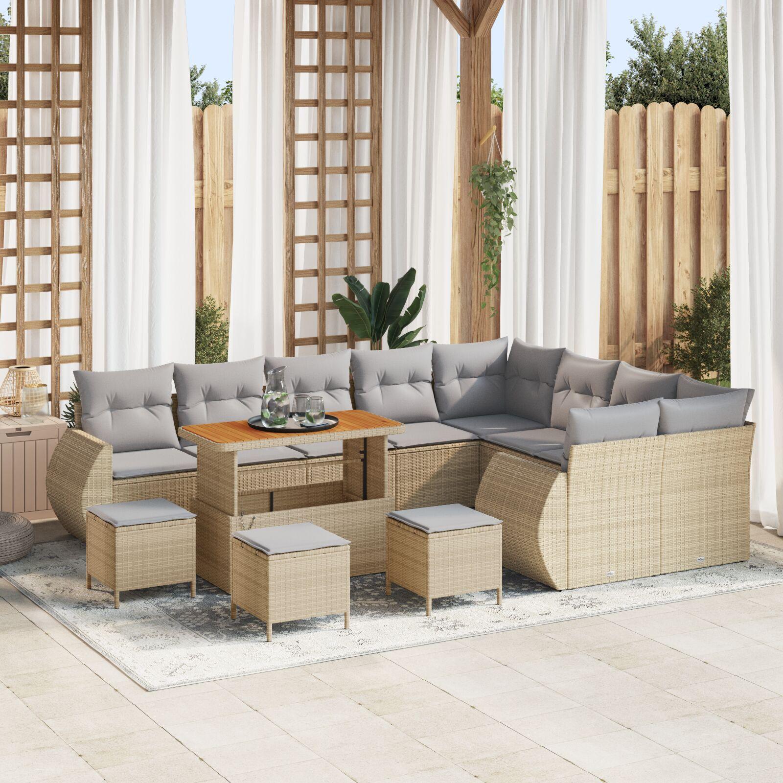 12 Dele Have Sofa Sæt Med Puder Beige Poly Rattan Akacie 3 Dele Have Spisebord Sæt Med Puder Beige Poly Rattan Akacie