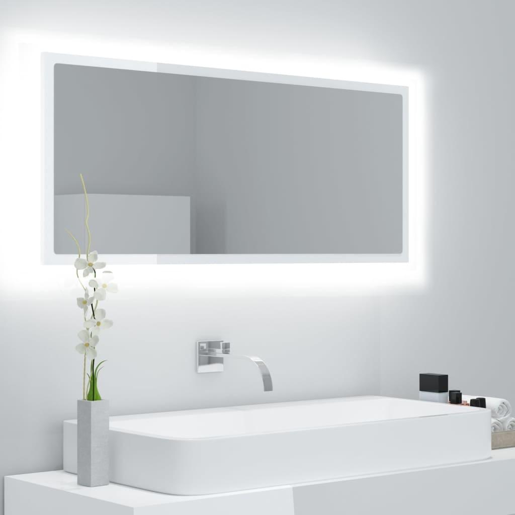 Badeværelsesspejl med LED-lys 100x8,5x37 cm akryl hvid højglans