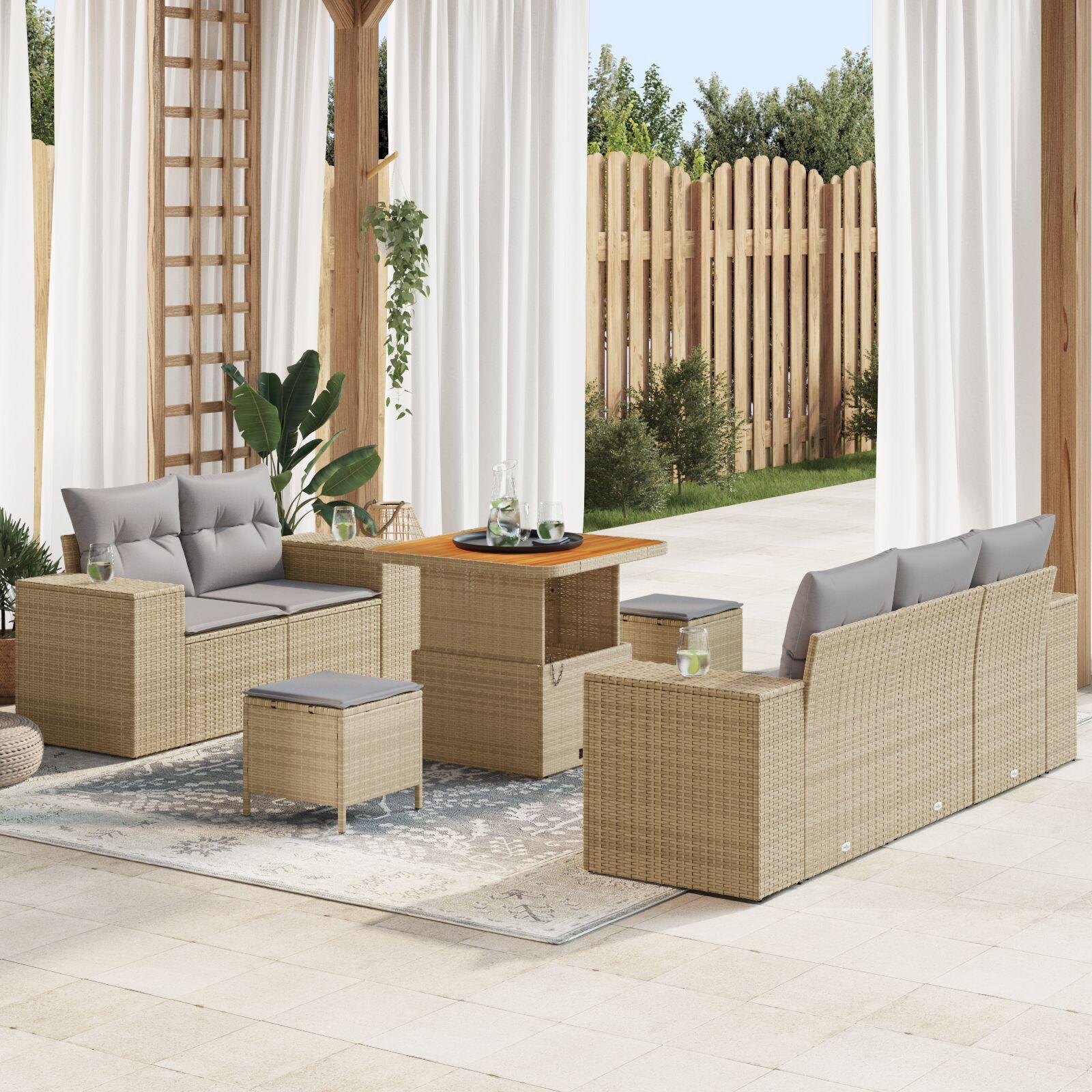 Havesofa sæt i beige polyrattan - 8 dele, modulopbygget med hæve/sænk-bord