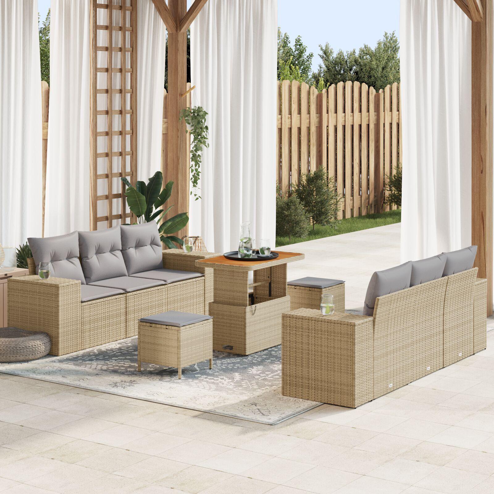 Havesofasæt i beige polyrattan med puder - 9 dele, justerbart bord