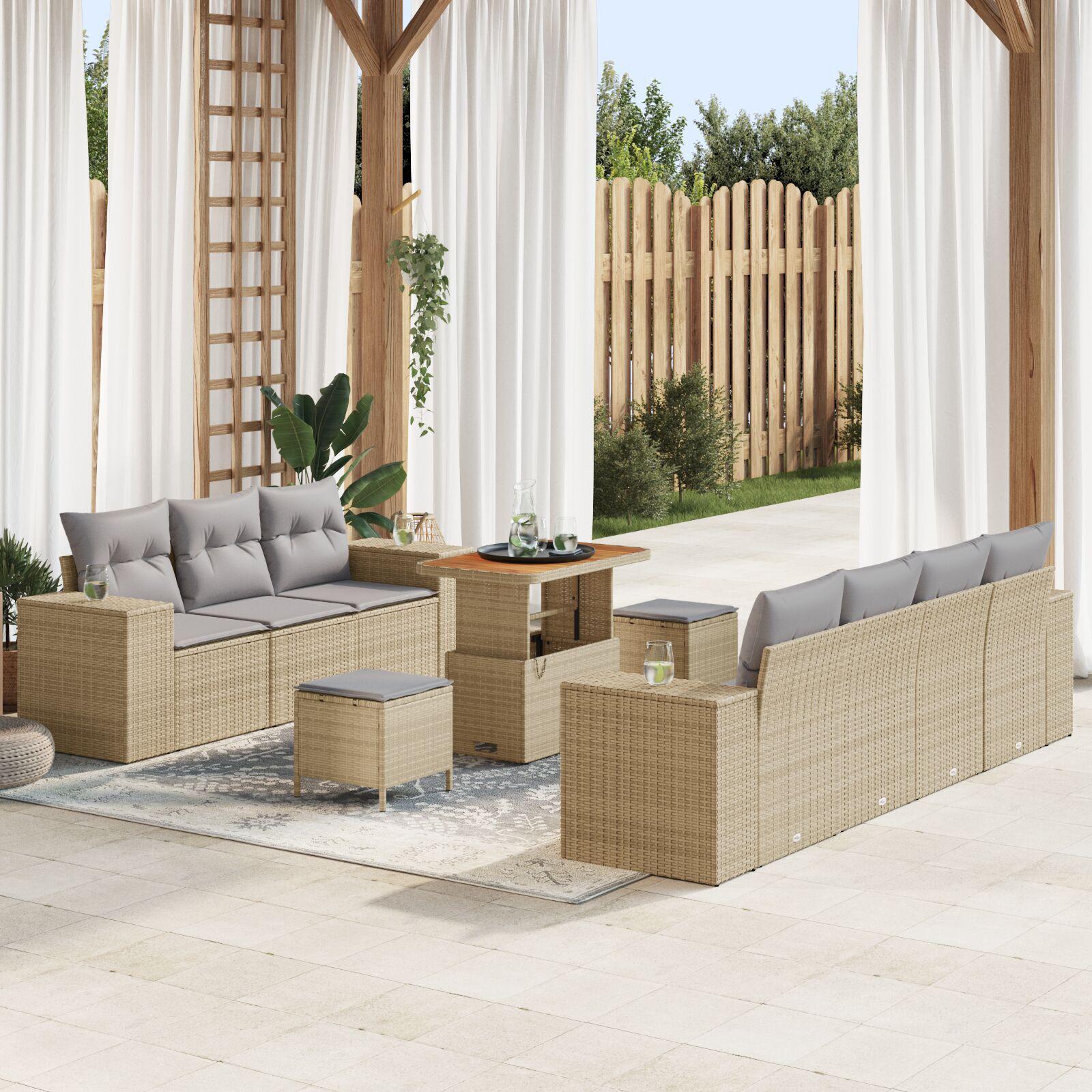 Havesofa sæt i beige polyrattan - modulopbygget loungesæt, 10 dele