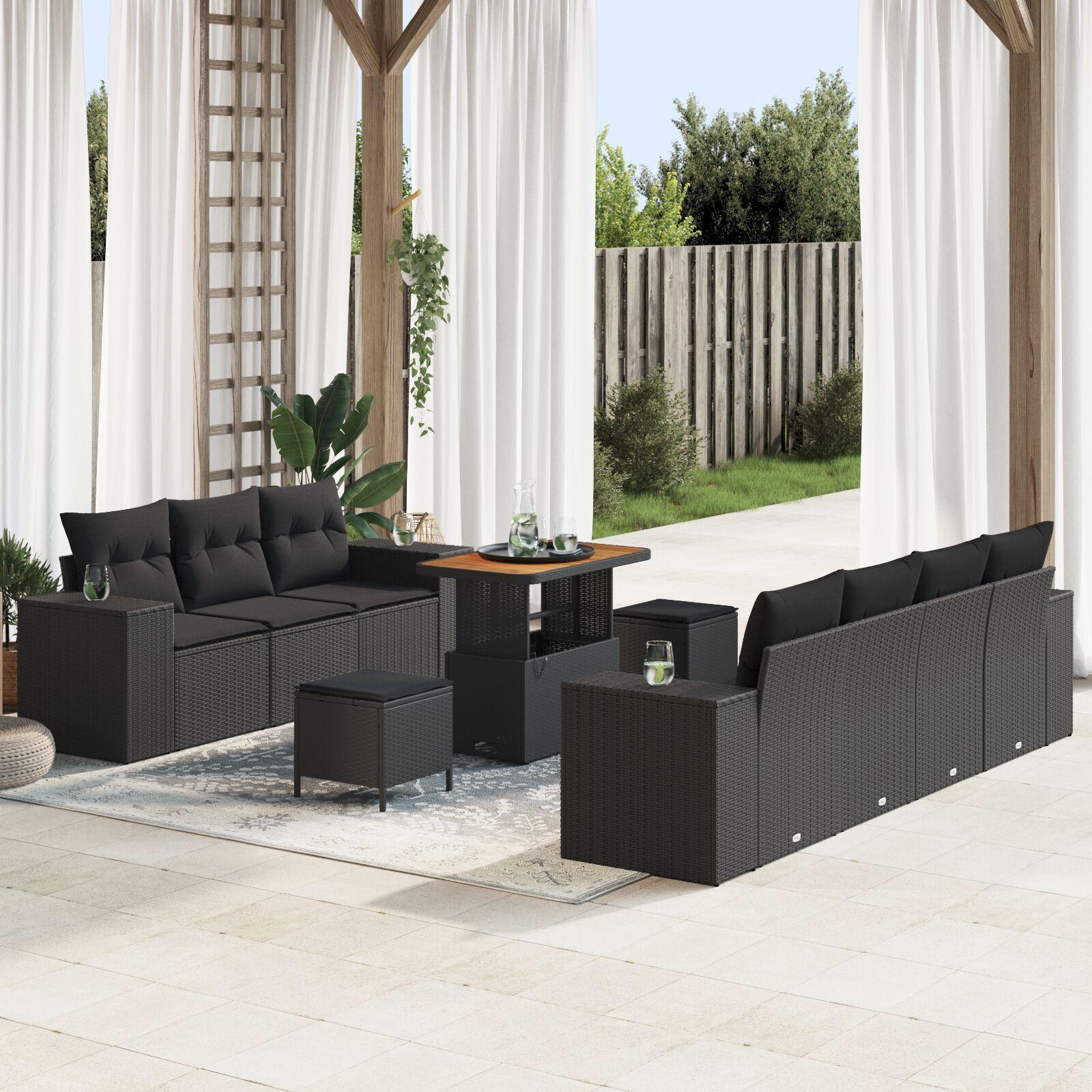 10 Dele Have Sofa Sæt Med Puder Sort Poly Rattan Akacia 3 Dele Have Spisesæt Med Puder Sort Poly Rattan Akacia