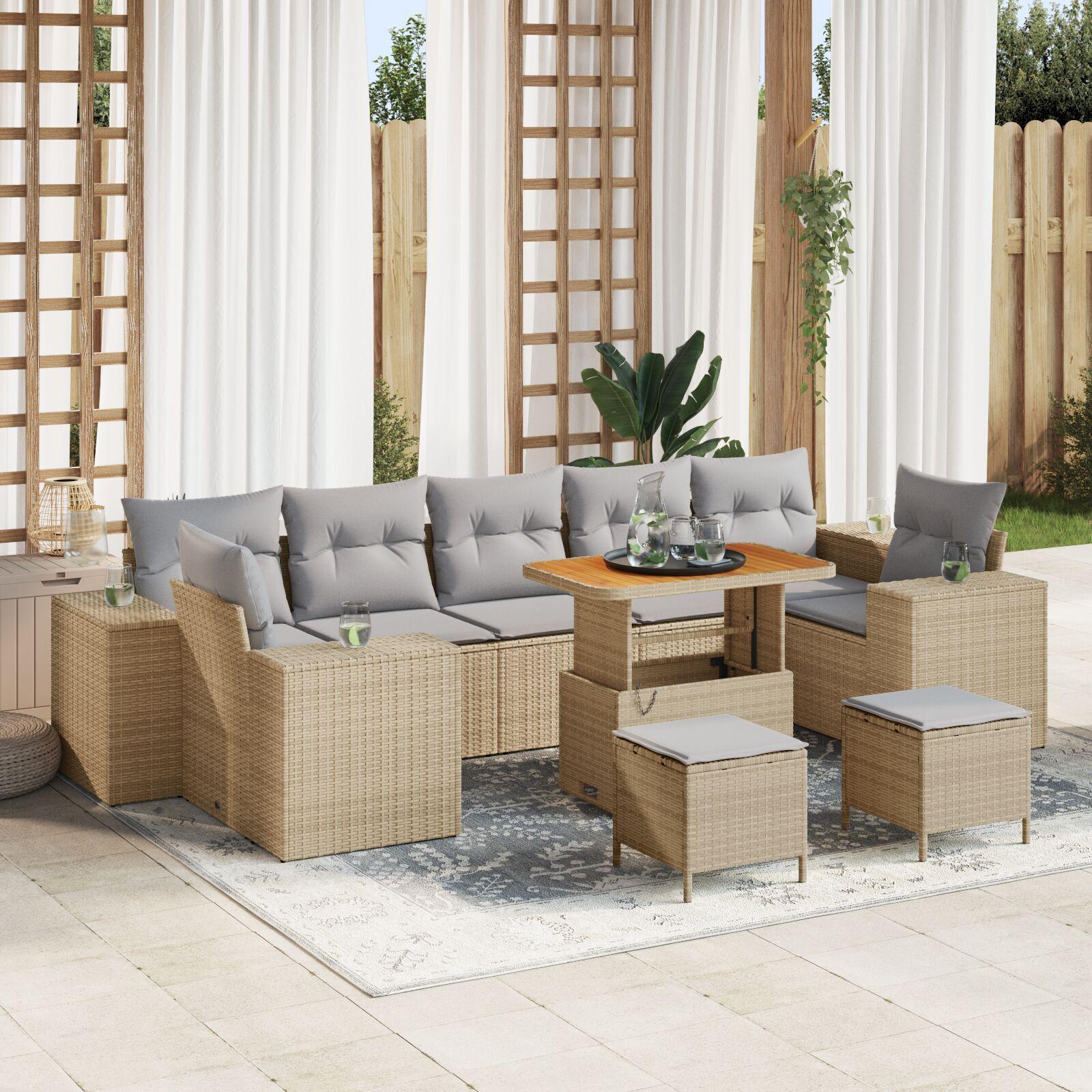 Havesofa-sæt i beige polyrattan - 10 dele med puder og højdejusterbart bord