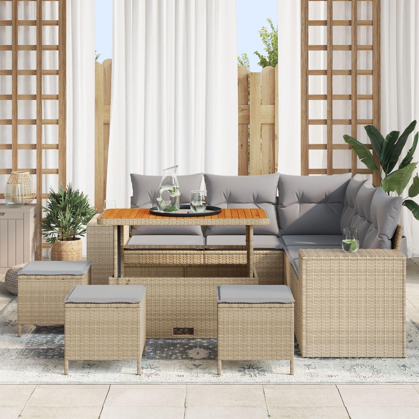 Havesofa sæt i beige polyrattan - 8 dele med puder og højdejusterbart bord