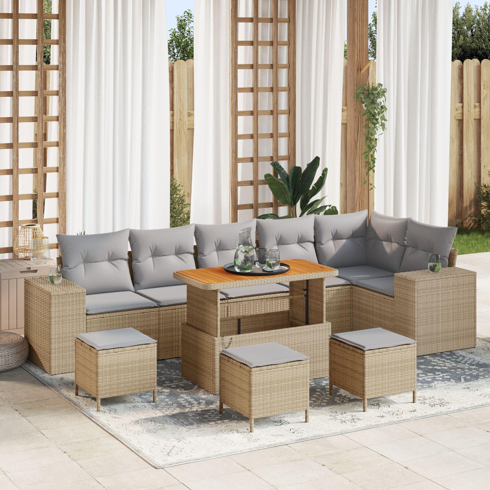 Havesofa sæt i beige polyrattan - modulært loungesæt, 9 dele med hæve-/sænkebord