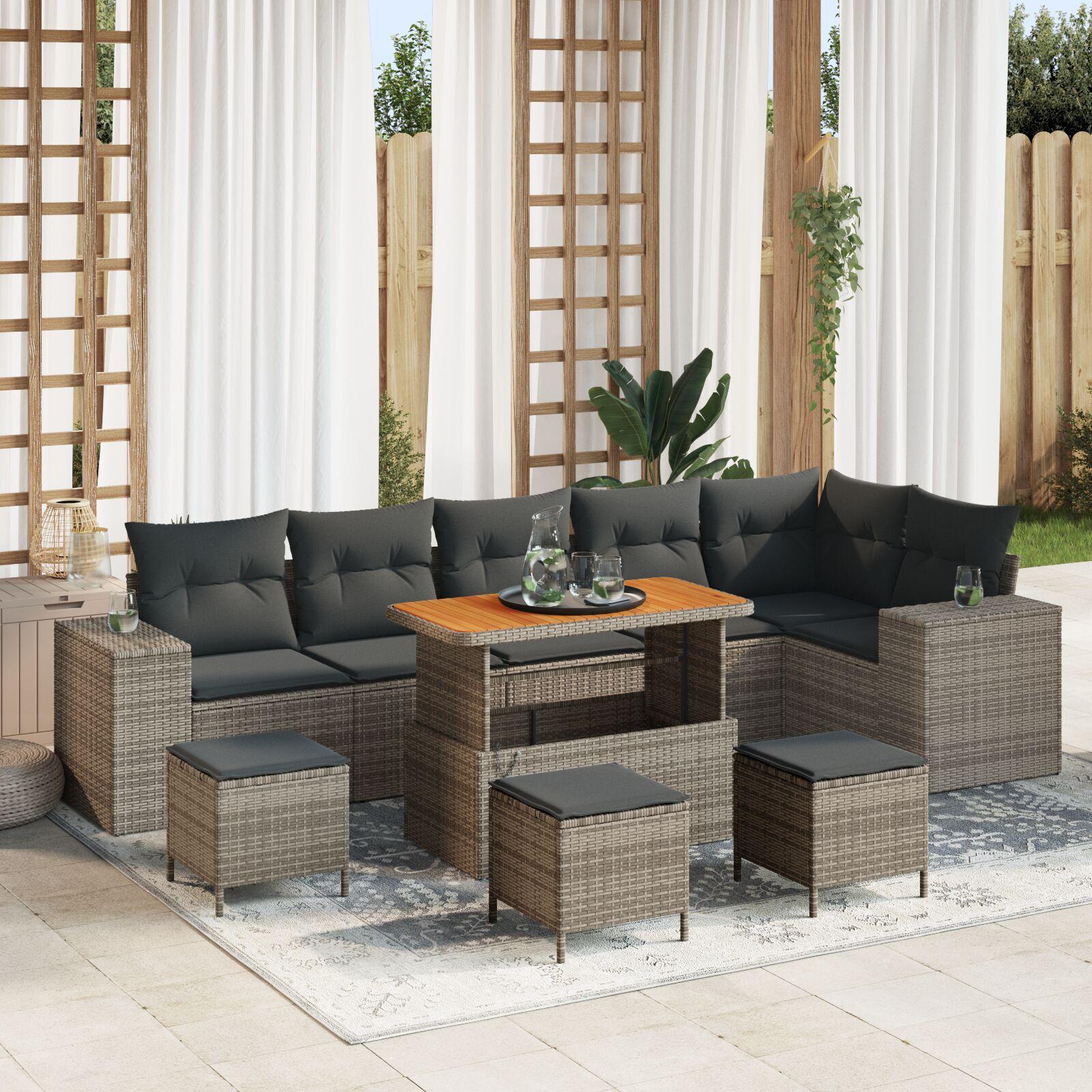 9-delt Have Sofa Sæt Med Puder Grå Poly Rattan Akacia 3-delt Have Spisebord Sæt Med Puder Grå Poly Rattan Akacia