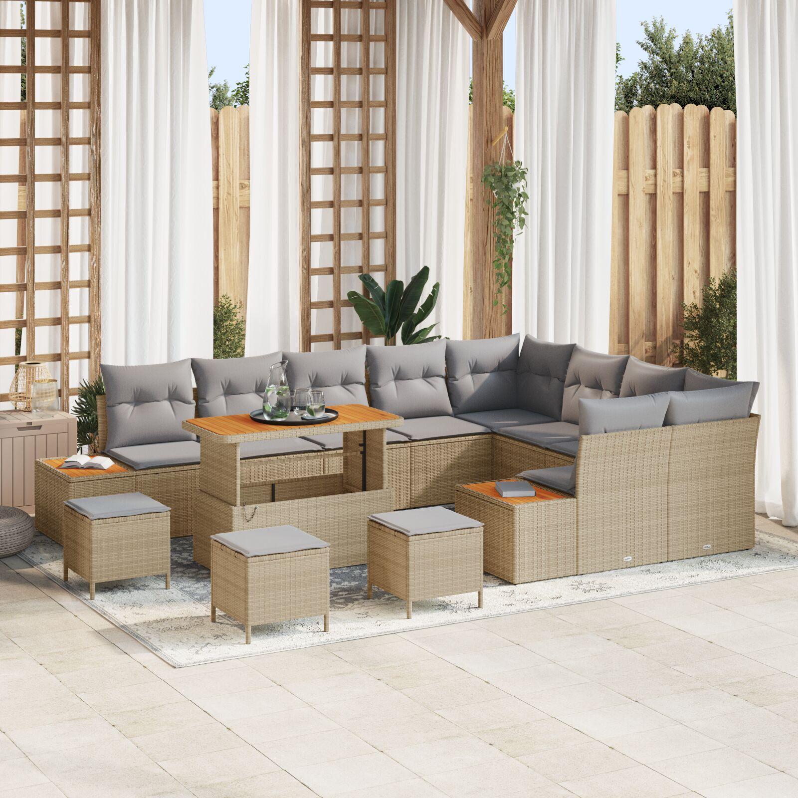 Havesofa sæt i beige polyrattan - 12 dele modulært loungesæt med bord og puder