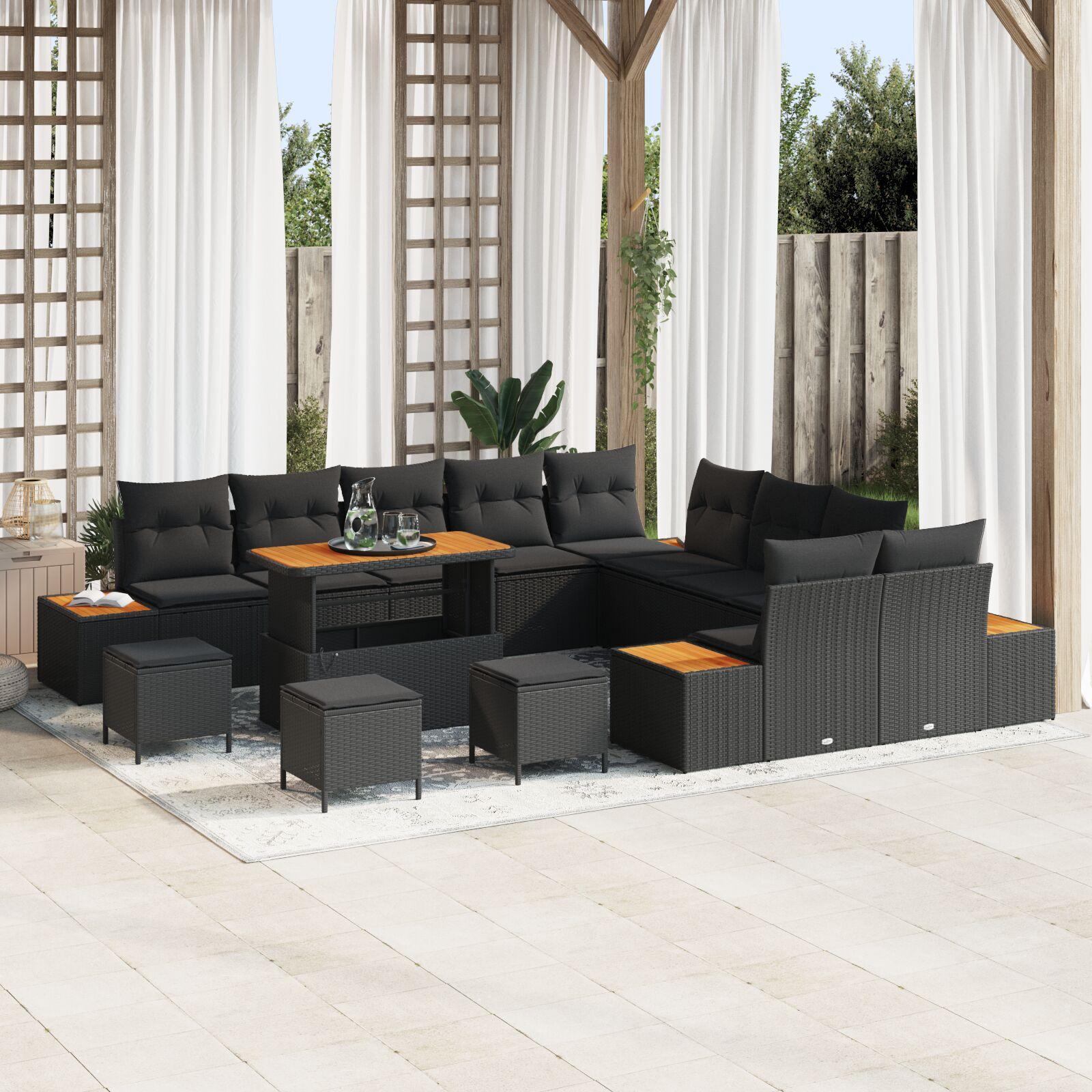 13 Delt Havemøbel Sofa Sæt Med Puder Sort Poly Rattan Akacia 3 Delt Have Spise Sæt Med Puder Sort Poly Rattan Akacia