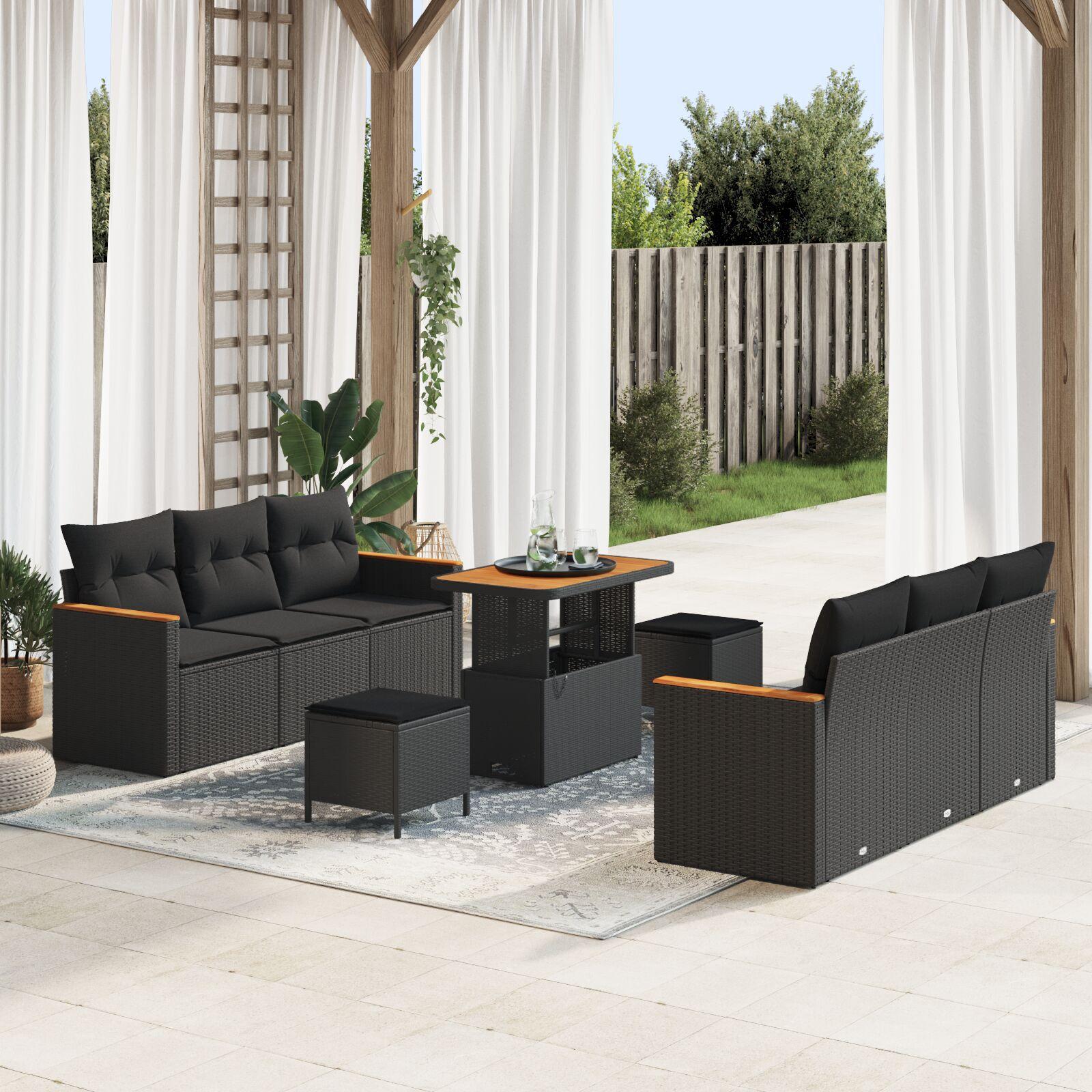 9 Stk Have Sofa Sæt Med Puder Sort Poly Rattan Akacietræ 3 Stk Have Spisebord Sæt Med Puder Sort Poly Rattan Akacietræ