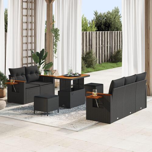8-Piece Have Sofasæt med Hynder Sort Poly Rattan Akacie, 3-Piece Have Spisesæt med Hynder Sort Poly Rattan Akacie