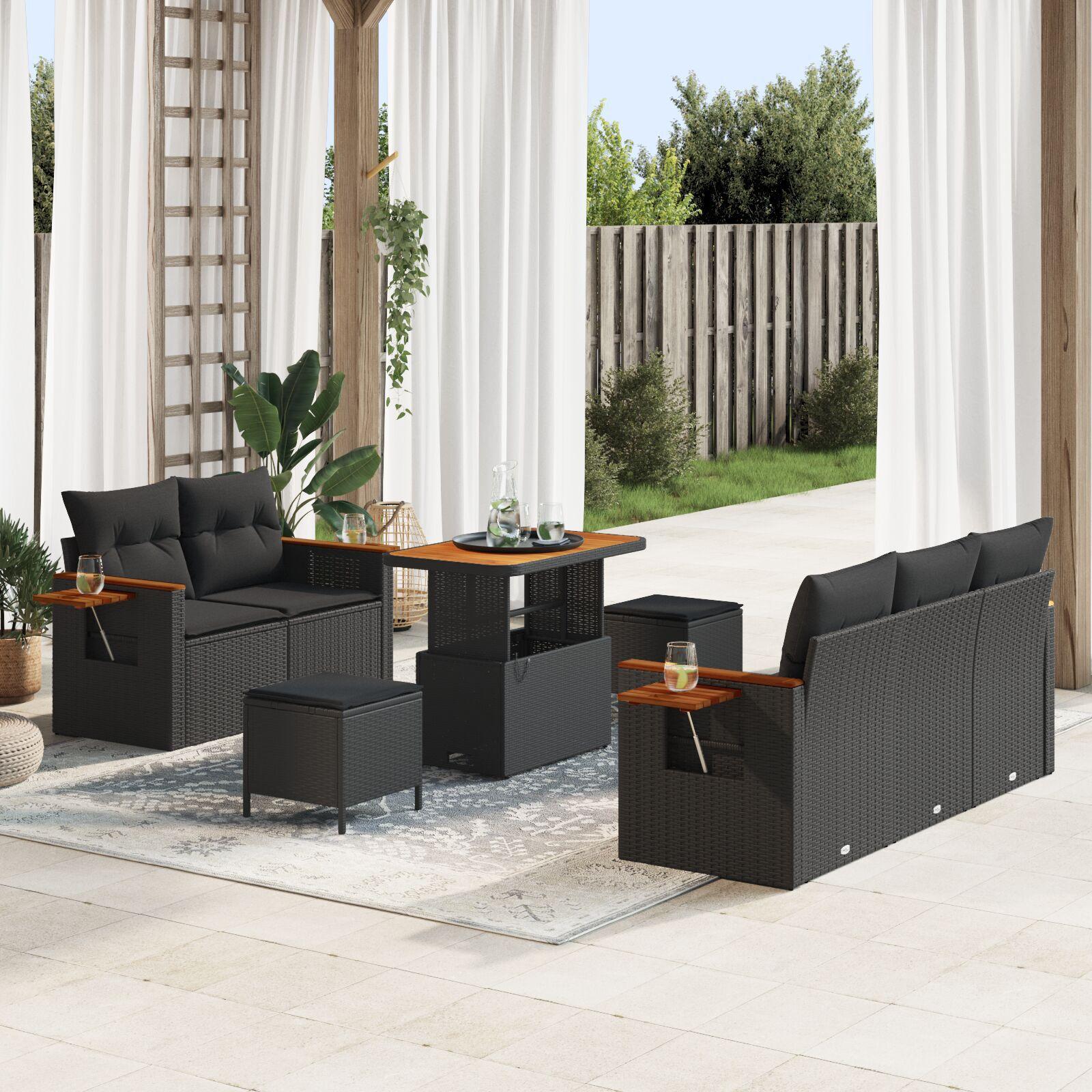 8-Piece Have Sofasæt med Hynder Sort Poly Rattan Akacie, 3-Piece Have Spisesæt med Hynder Sort Poly Rattan Akacie