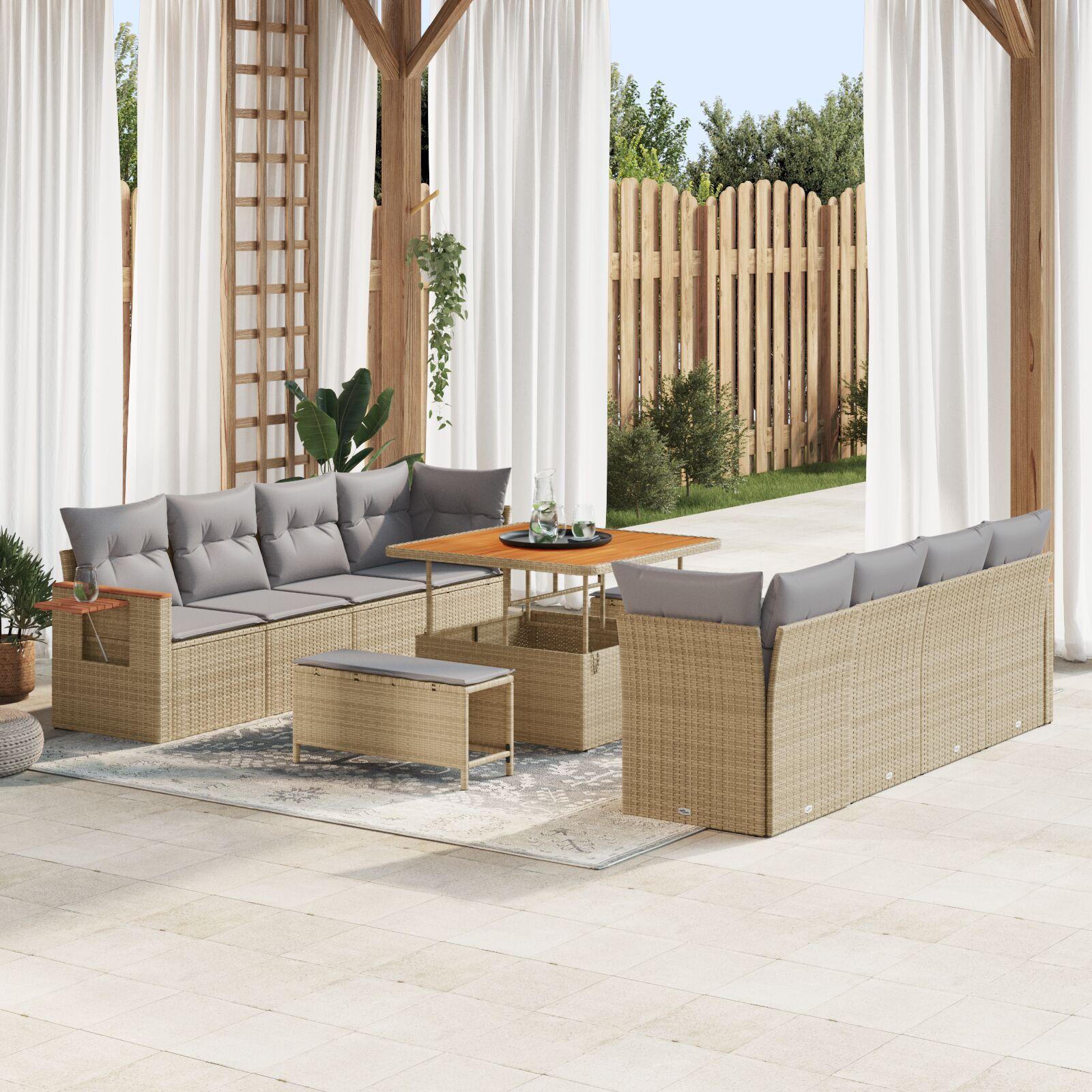 11 Stykker Havensofa Sæt Med Puder Beige Poly Rattan Akacietræ 3 Stykker Havemiddags Sæt Med Puder Beige Poly Rattan Akacietræ