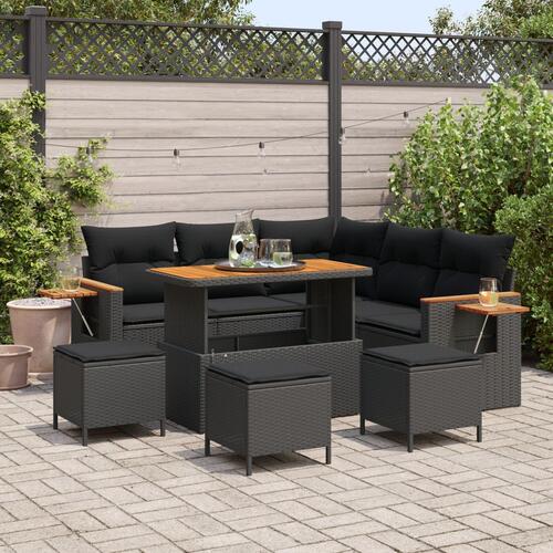 9 Piece Garden Sofa Set med puder Sort Polyrattan Akacia, 4 Piece Garden Dining Set med puder Sort Polyrattan Akacia