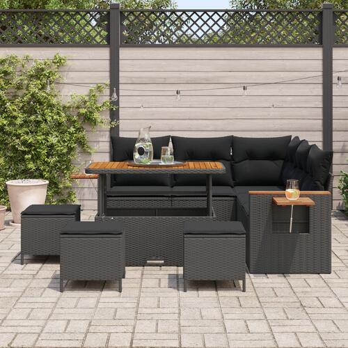 9 Piece Garden Sofa Set med puder Sort Polyrattan Akacia, 4 Piece Garden Dining Set med puder Sort Polyrattan Akacia