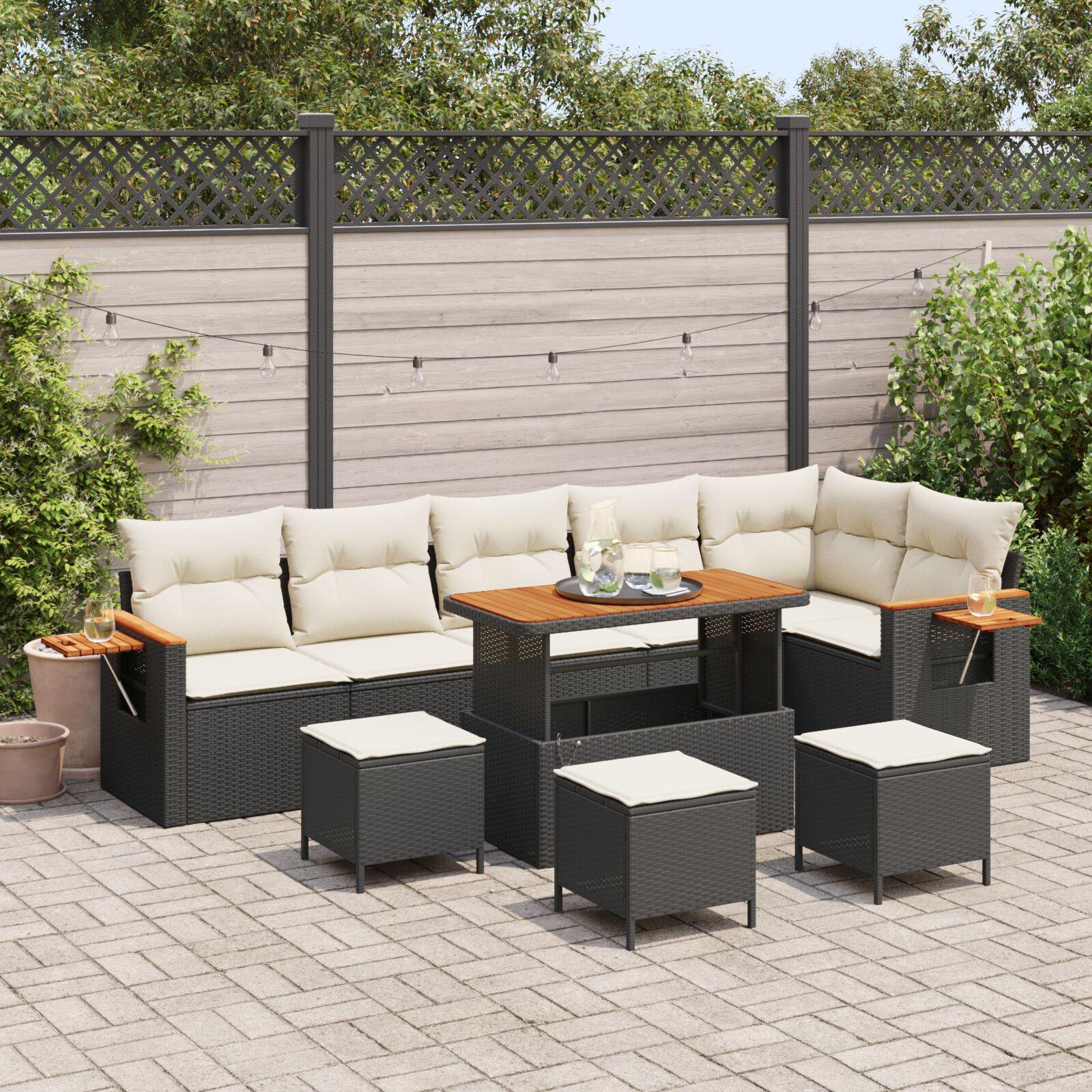 Havesofa Sæt med pude 9 stk Sort og cremefarvet 90 x 55 x 71 cm
