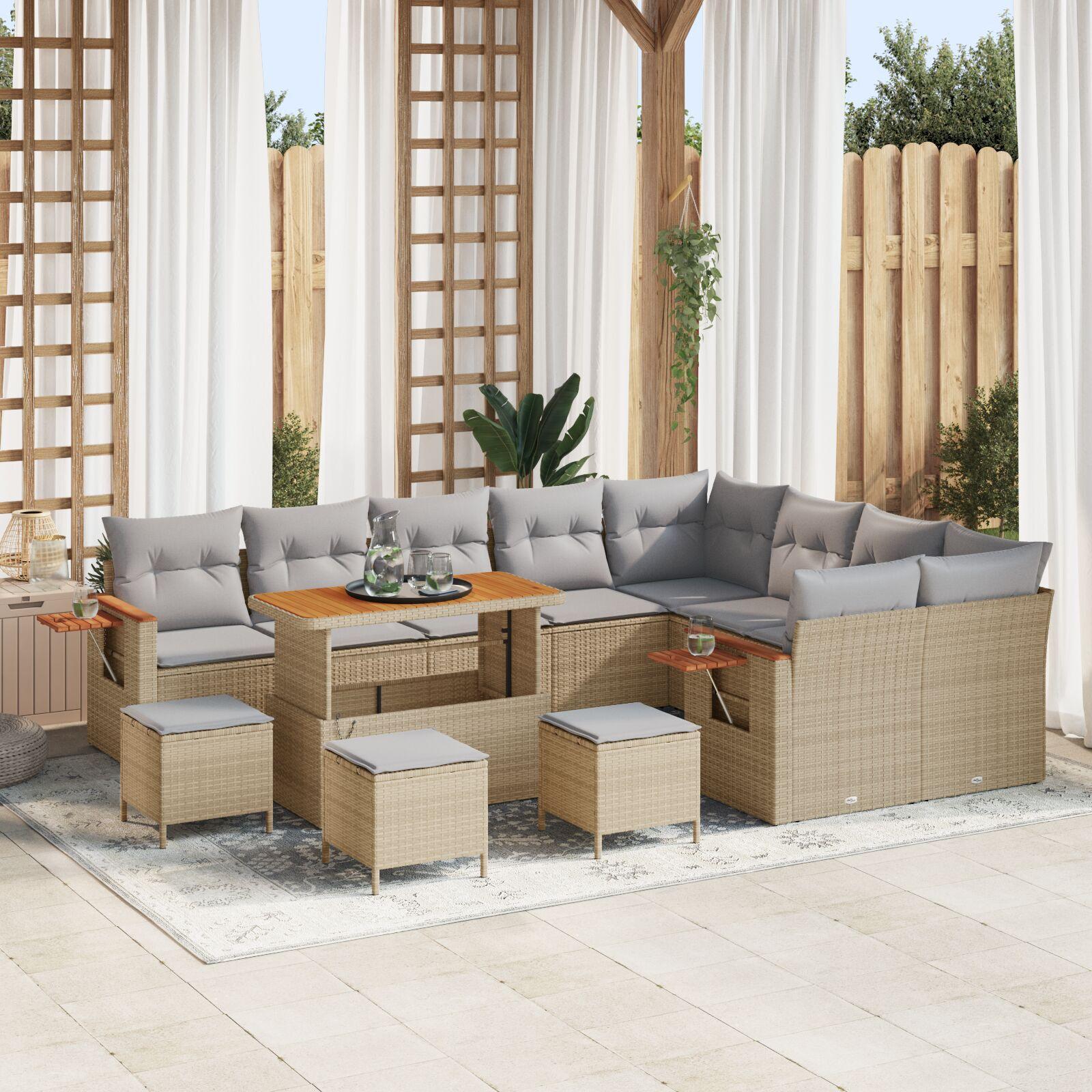 13 Stk. Havemøbel Sæt Med Puder Beige Poly Rattan Akacietræ 4 Stk. Havemøbel Spisesæt Med Puder Beige Poly Rattan Akacietræ