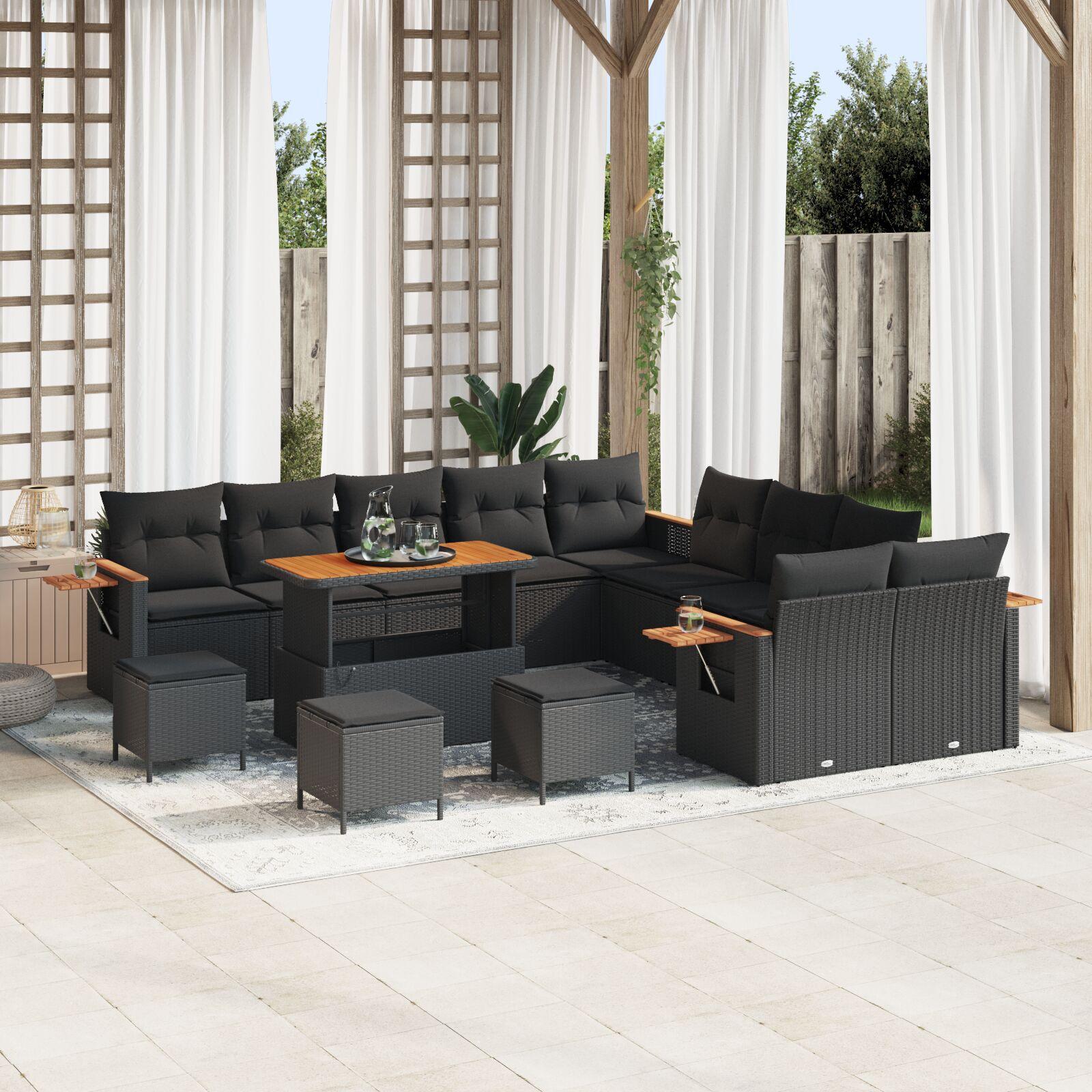 13 Deles Have Sofa Sæt Med Puder Sort Poly Rattan Akacia 3 Deles Have Spisesæt Med Puder Sort Poly Rattan Akacia