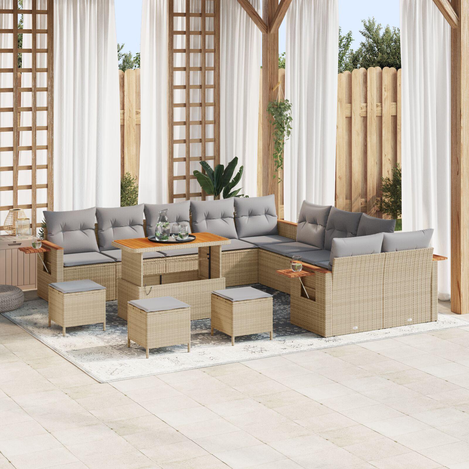 13 Delers Have Sofa Sæt Med Puder Beige Poly Rattan Akacie 3 Delers Have Spisebord Sæt Med Puder Beige Poly Rattan Akacie