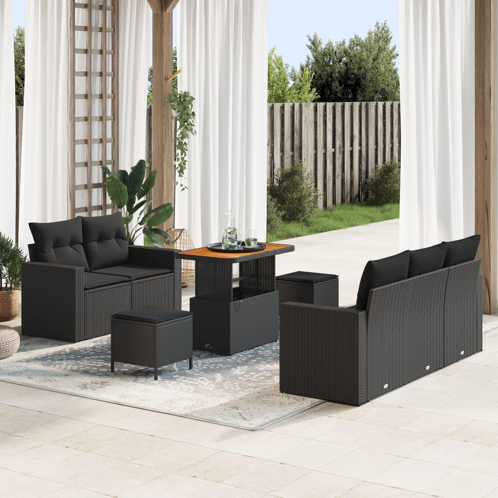 Havesofa Sæt med pude med opbevaring 8 stk Sort 80 x 80 x 71 cm