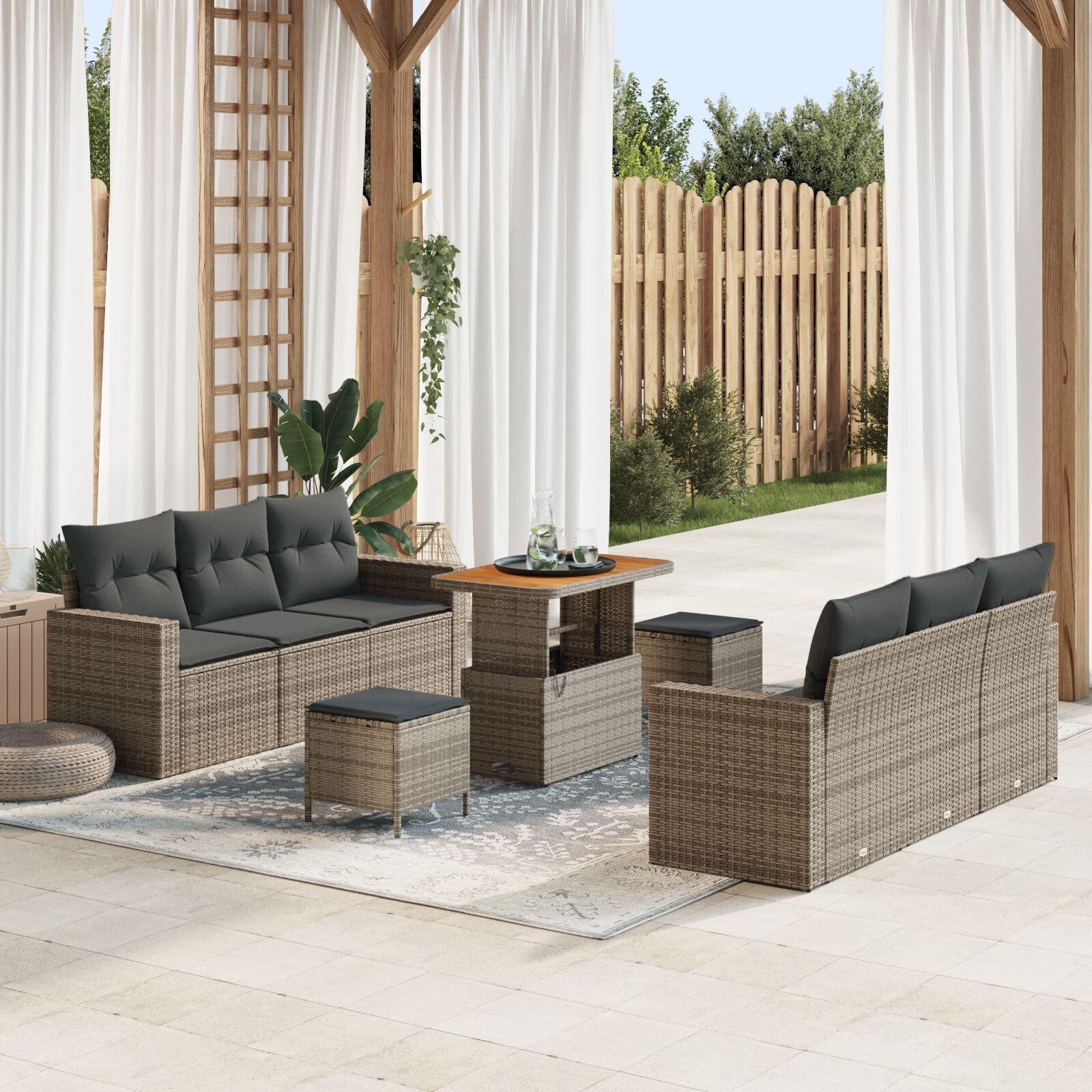Havesofa Sæt 9 stk Grå Polyrattan og pulverlakeret stål