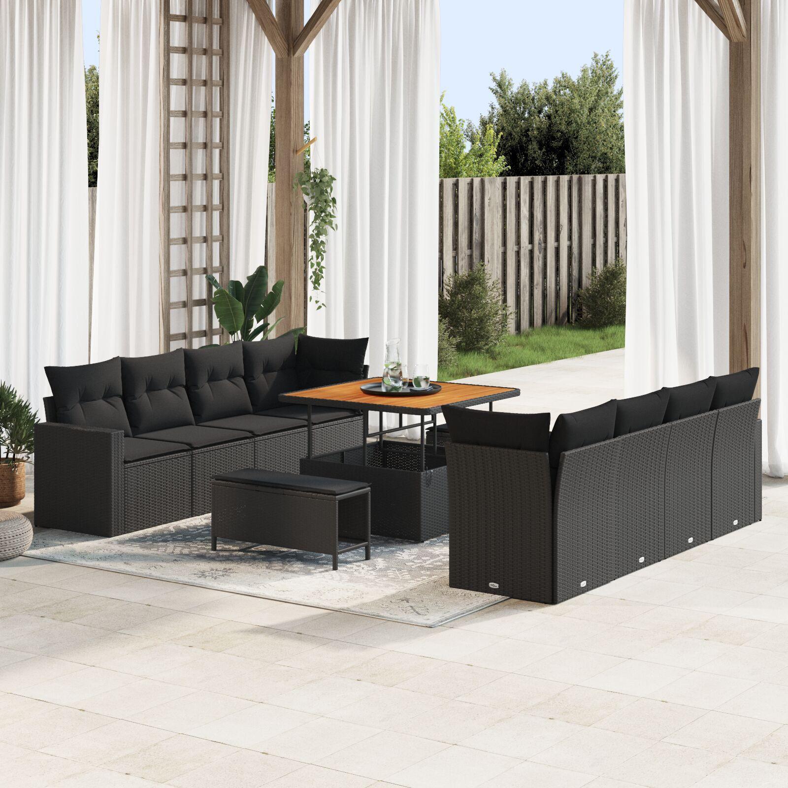 11 Dele Have Sofa Sæt Med Hynder Sort Poly Rattan Akacietræ 3 Dele Have Spisesæt Med Hynder Sort Poly Rattan Akacietræ