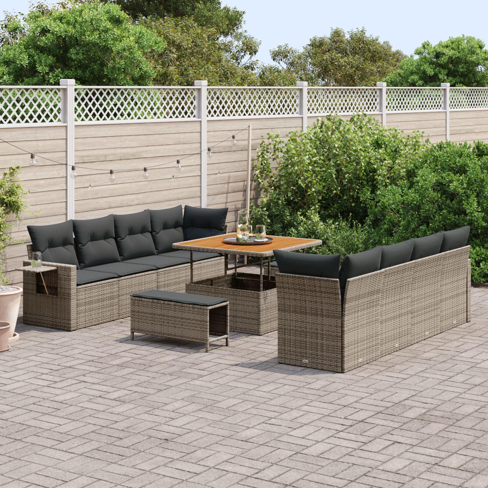 11 Stk Have Sofa Sæt Med Puder Grå Poly Rattan Akacia 3 Stk Have Spisesæt Med Puder Grå Poly Rattan Akacia