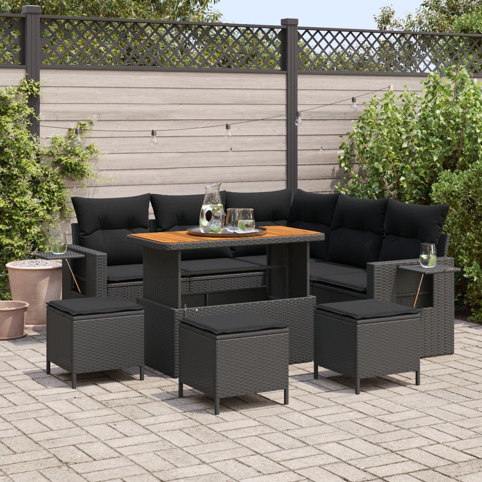 Havesofa Sæt med pude med opbevaring 8 stk Sort 80 x 80 x 71 cm
