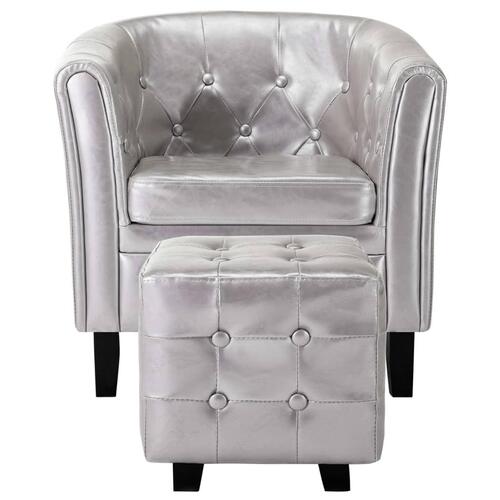 Lænestol med fodskammel kunstlæder sølvfarvet