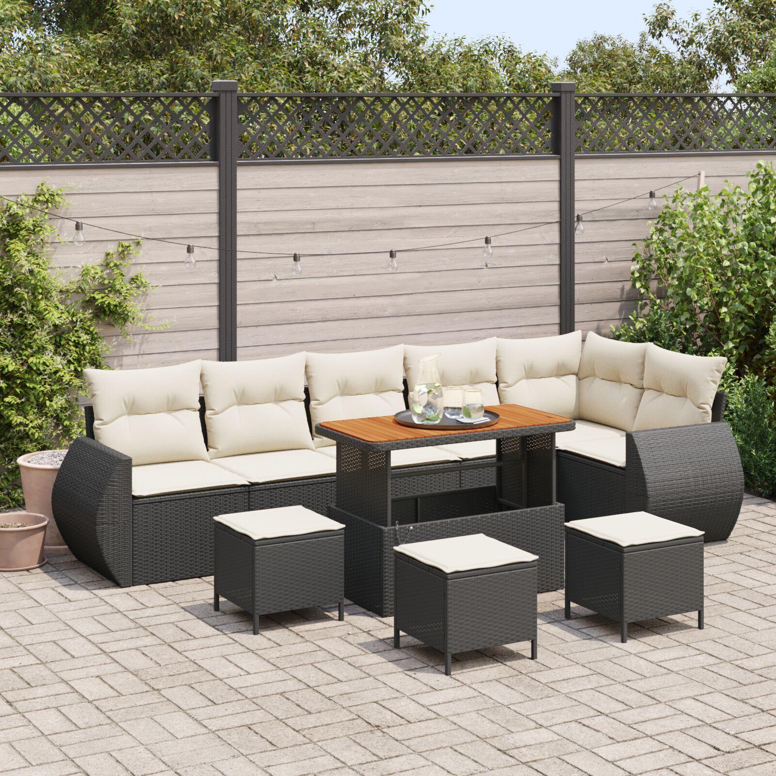 Havesofa Sæt med pude 9 stk Sort og cremefarvet 90 x 55 x 71 cm