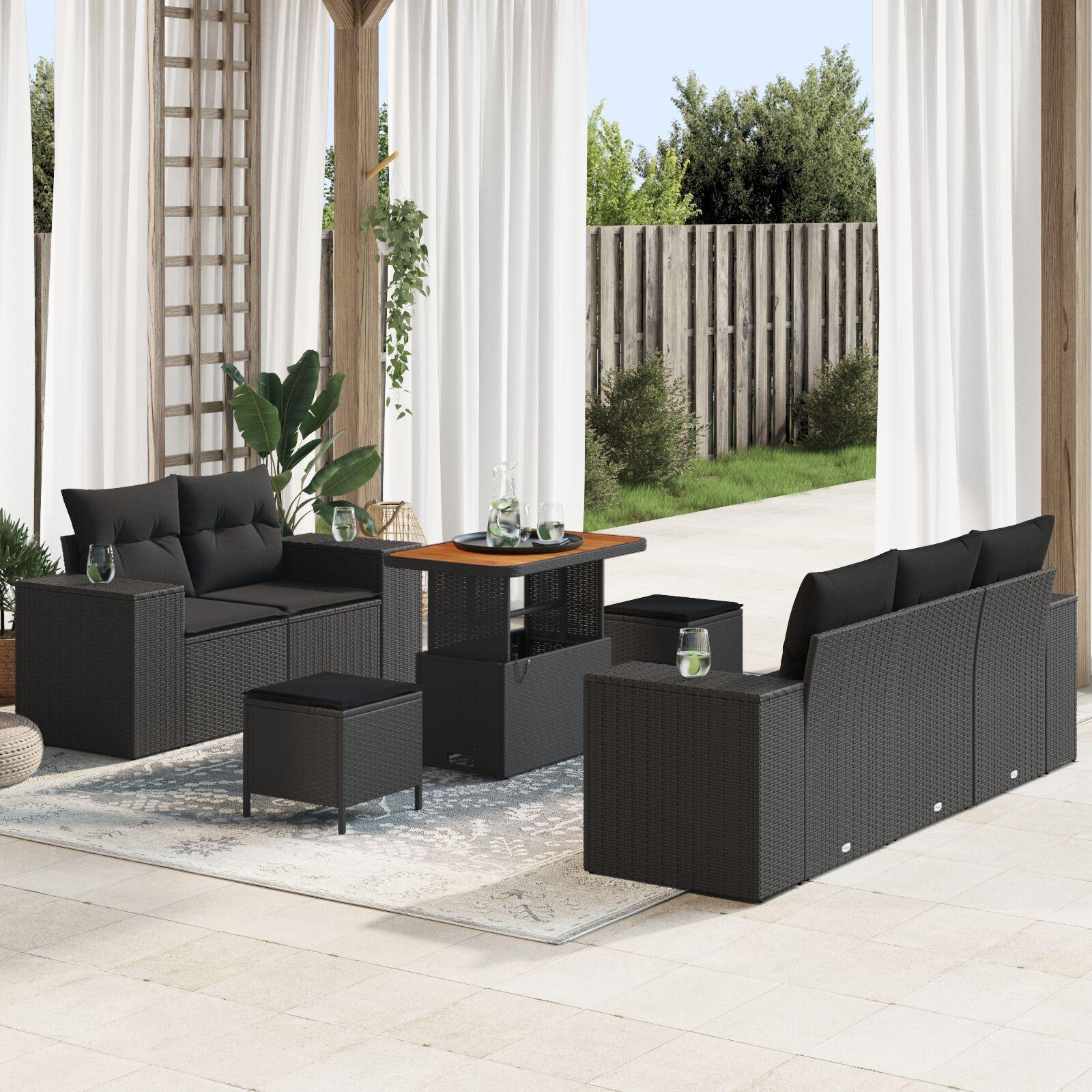 Havesofa Sæt med pude med opbevaring 8 stk Sort 90 x 55 x 71 cm