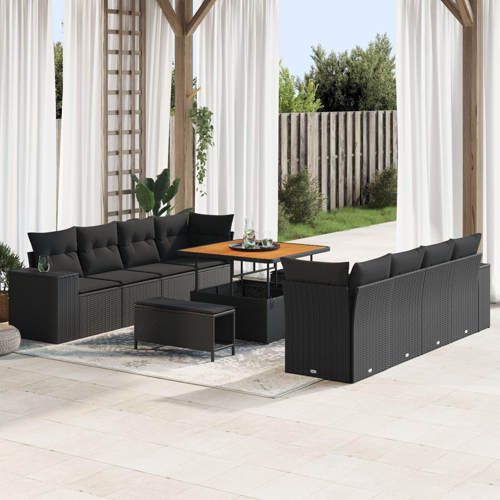 Havesofa Sæt 11 stk Sort Polyrattan, stål og massivt akacietræ