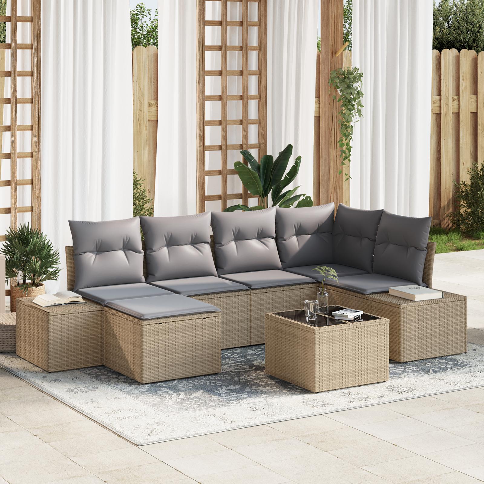 Havesofa Sæt med pude 7 stk beige og lysegrå 264 x 154 x 85 cm