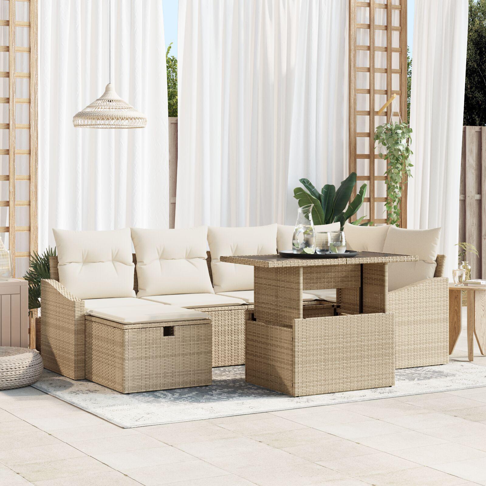 7 Delers Havemøbel Sæt Med Puder Beige Poly Rattan