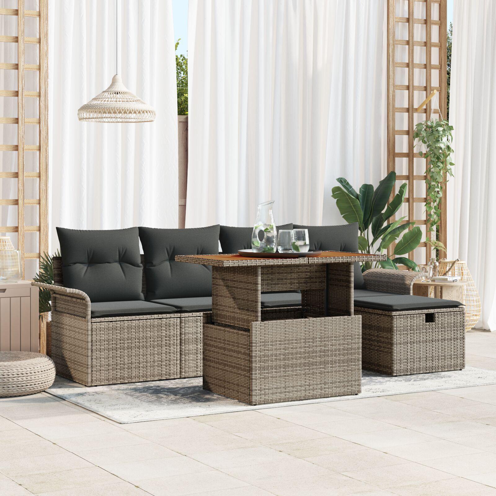 6 Delt Have Sofa Sæt Med Puder Grå Poly Rattan