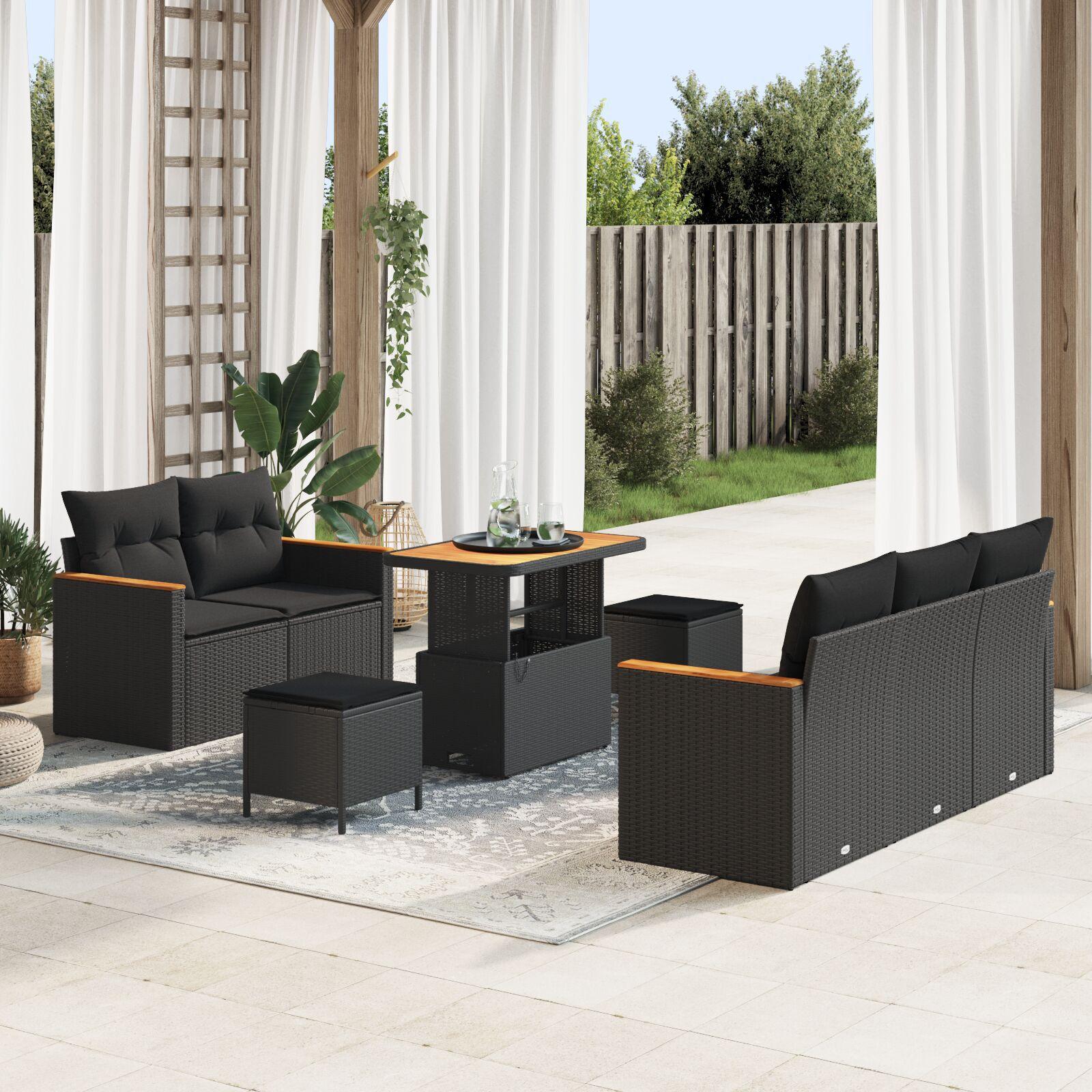 Havesofa Sæt med pude med opbevaring 8 stk Sort Poly rattan