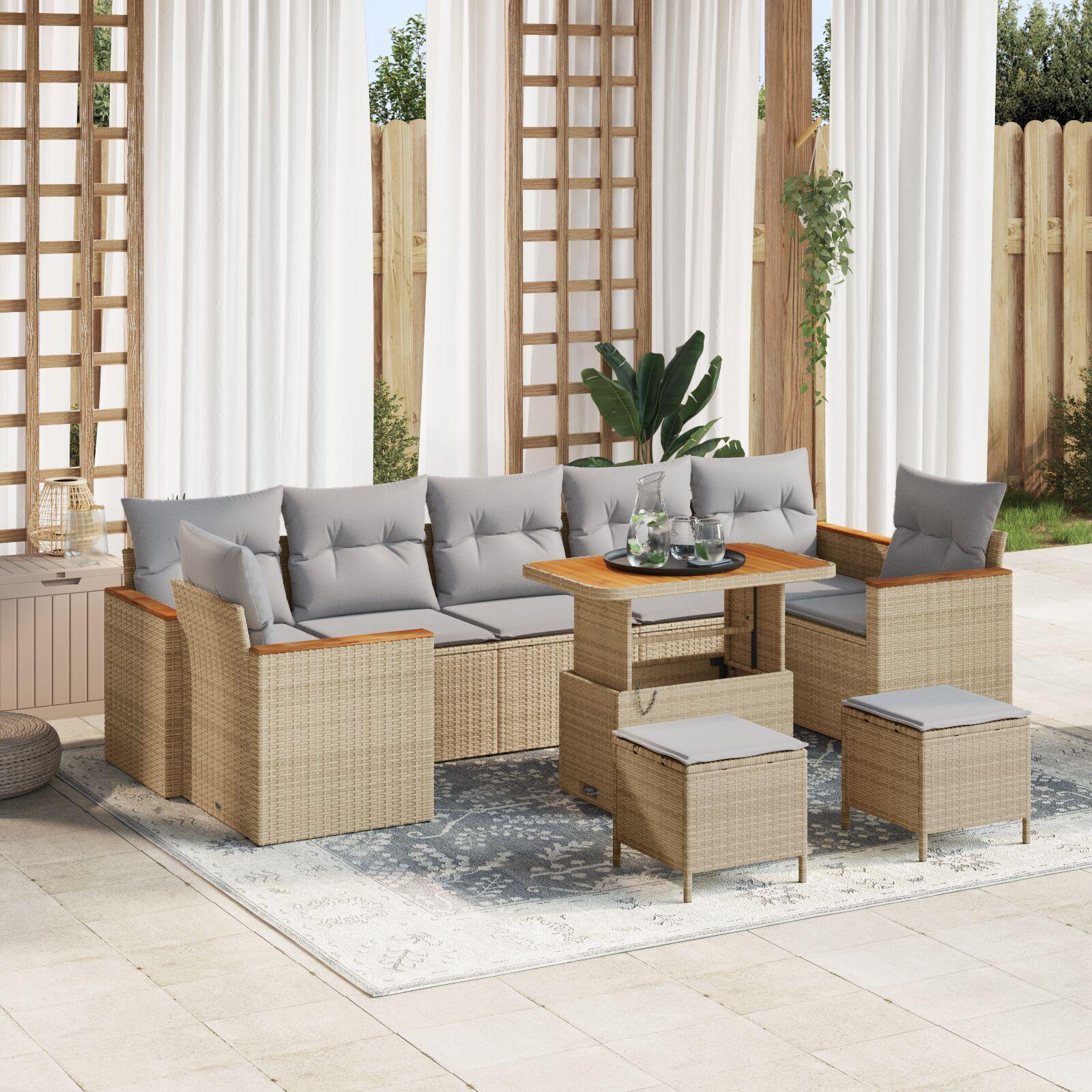 Havesofa sæt i beige polyrattan - modulopbygget loungesæt med højdejusterbart bord, 10 dele