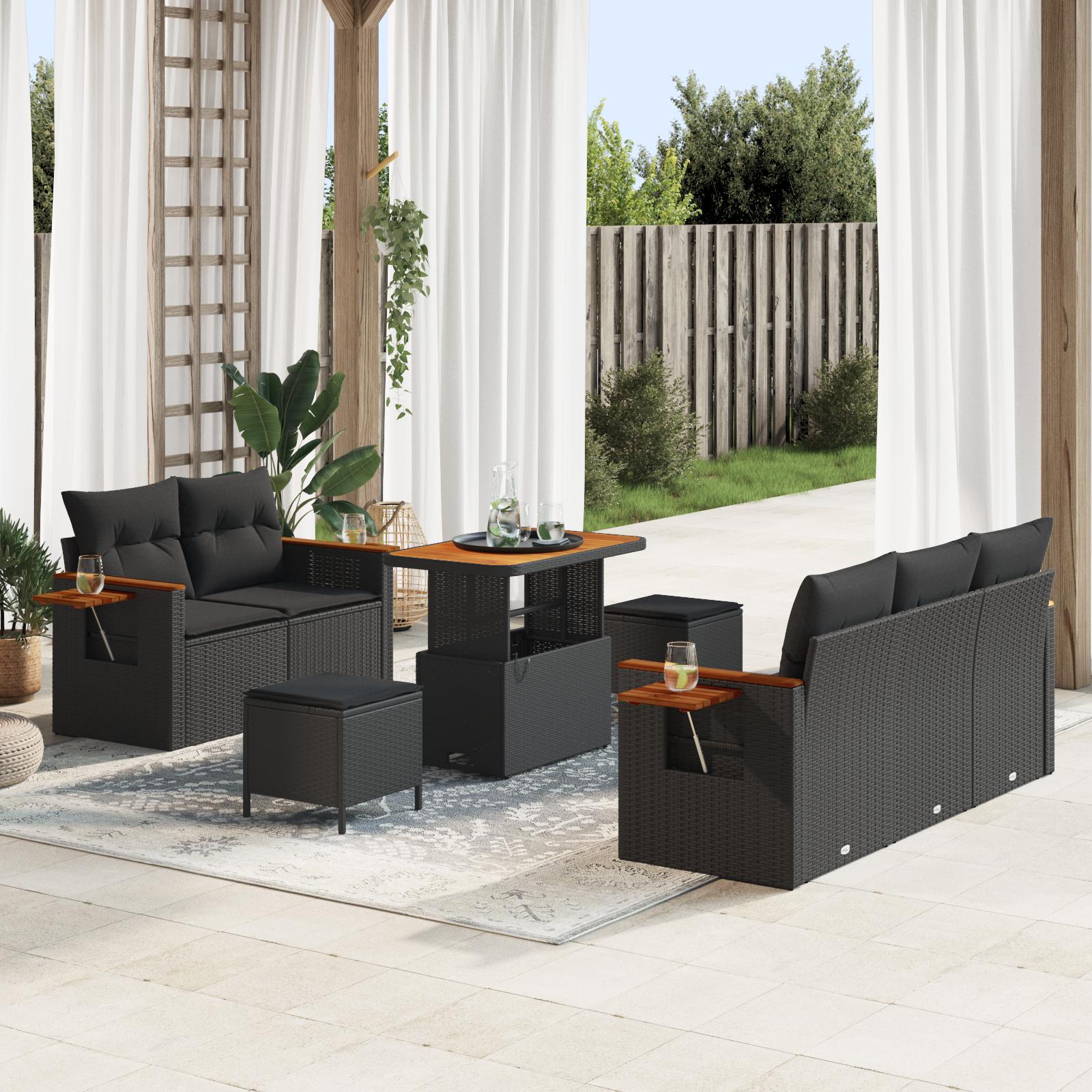 Havesofa sæt i sort polyrattan - modulært loungesæt med puder, 10 dele