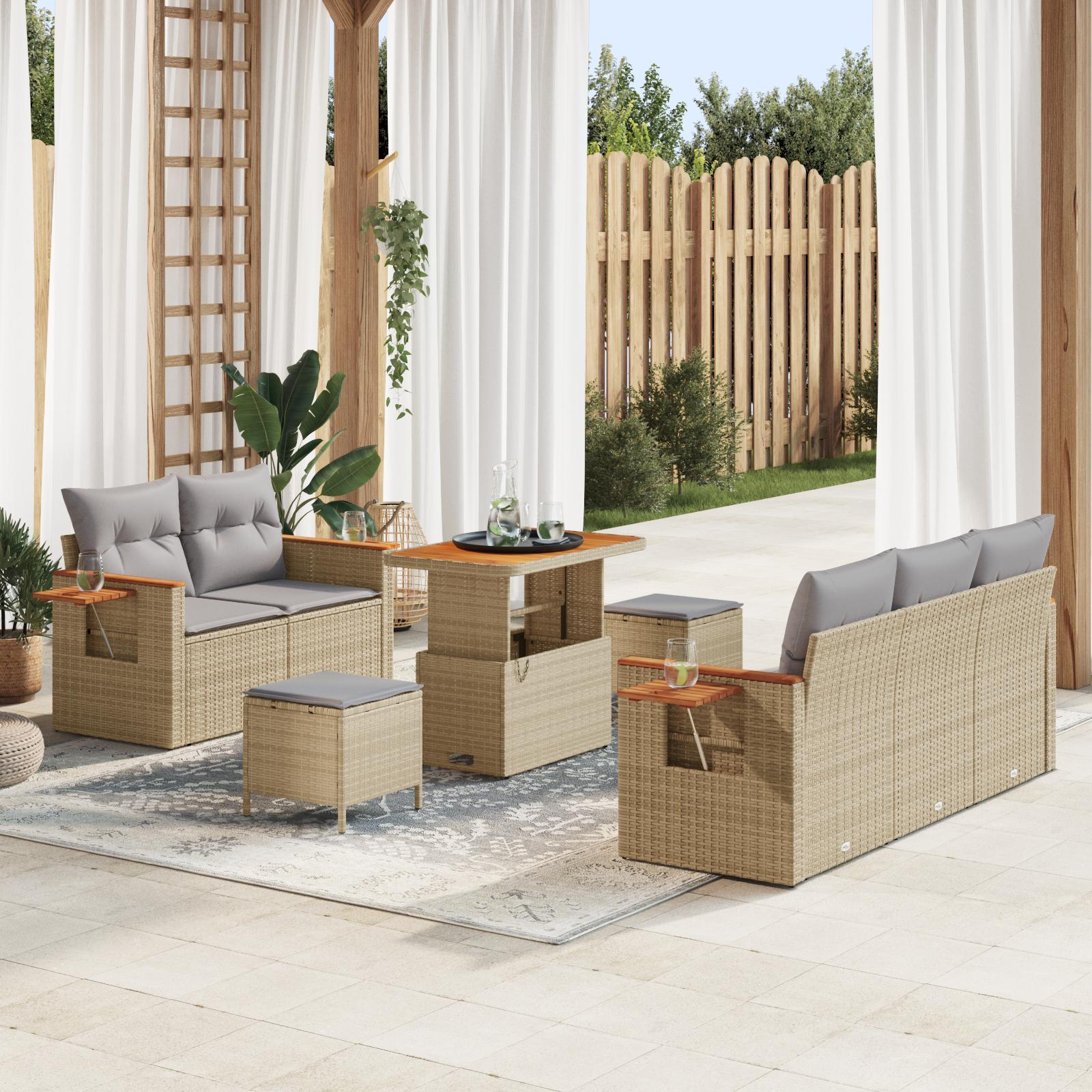 Havesofa Sæt med pude med opbevaring 8 stk Beige Poly rattan
