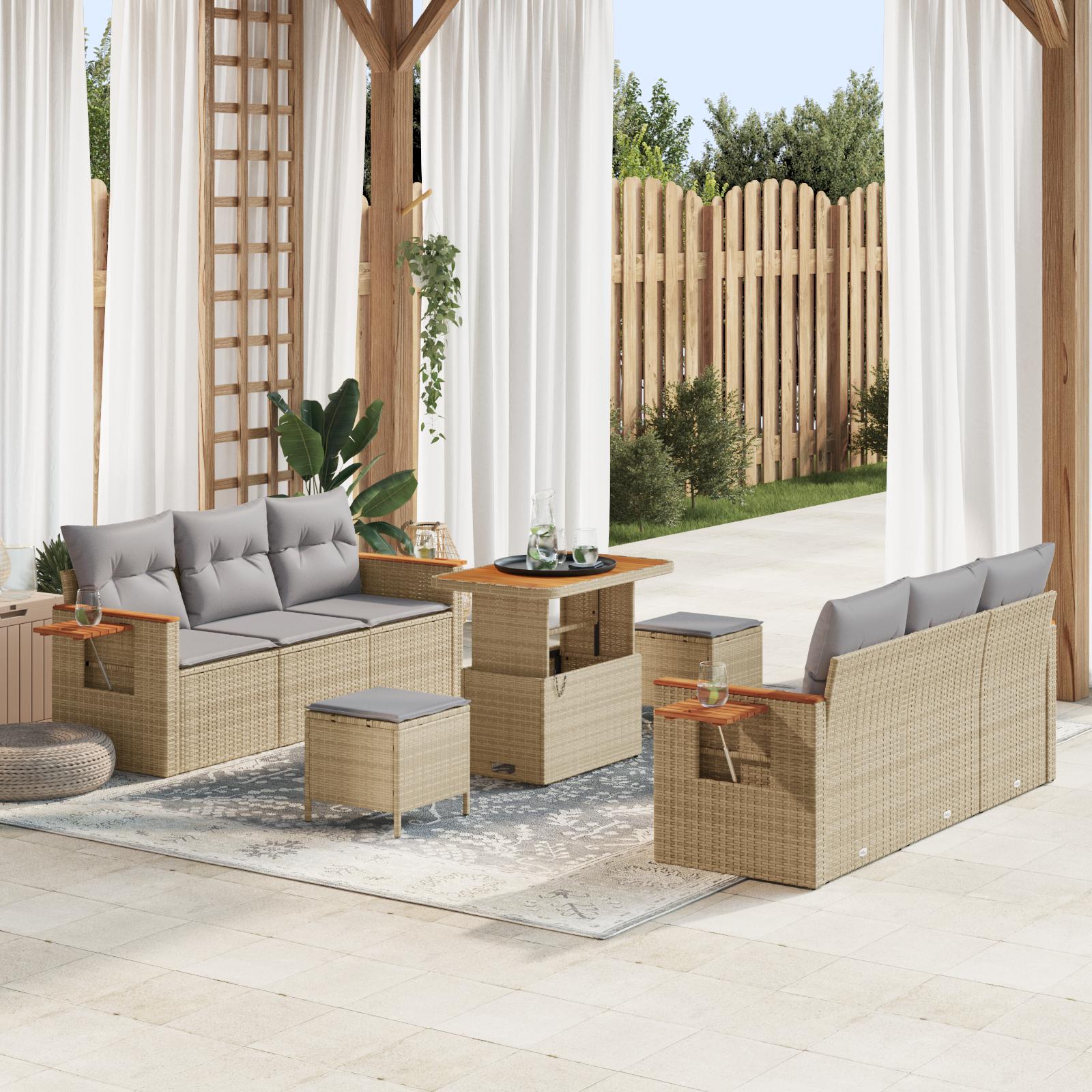 9 Stykker Have Sofa Sæt Med Puder Beige Poly Rattan Acacia 3 Stykker Have Dining Sæt Med Puder Beige Poly Rattan Acacia