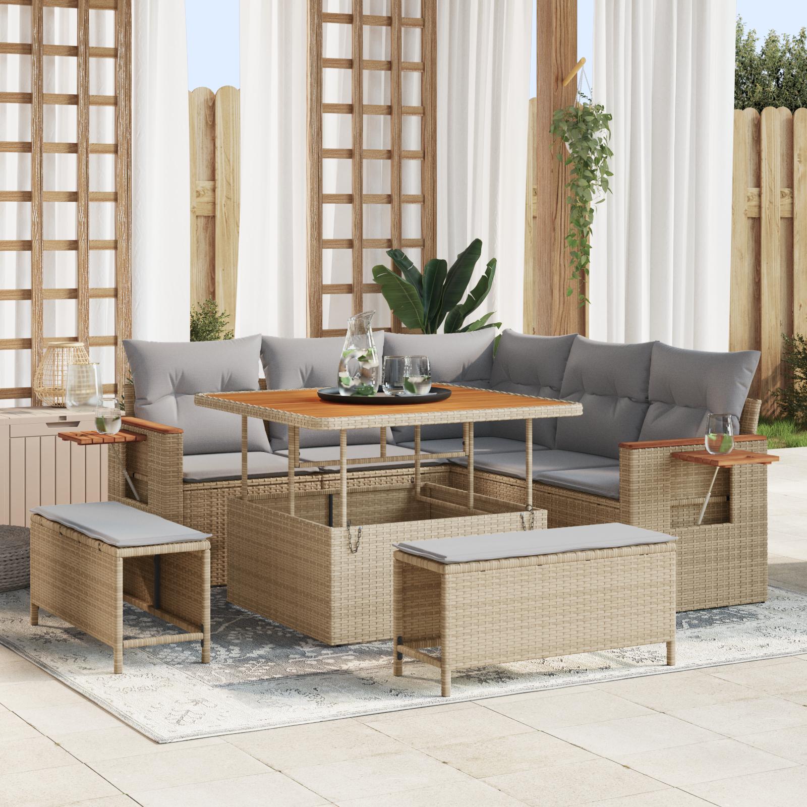 Havesofa Sæt med pude med opbevaring 8 stk Beige Poly rattan