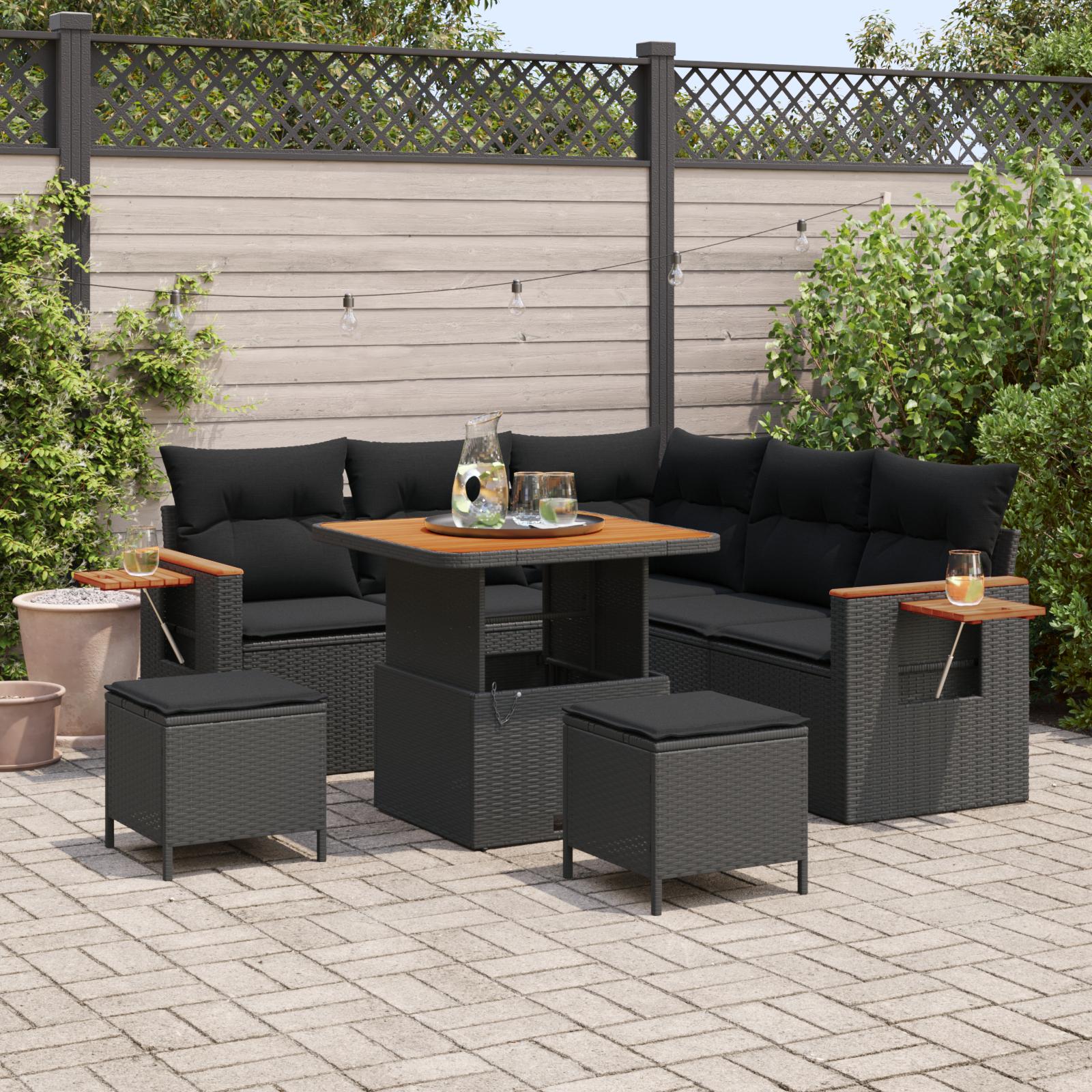 Havesofa sæt i sort polyrattan - modulært loungesæt med puder, bord og skamler (9 dele)