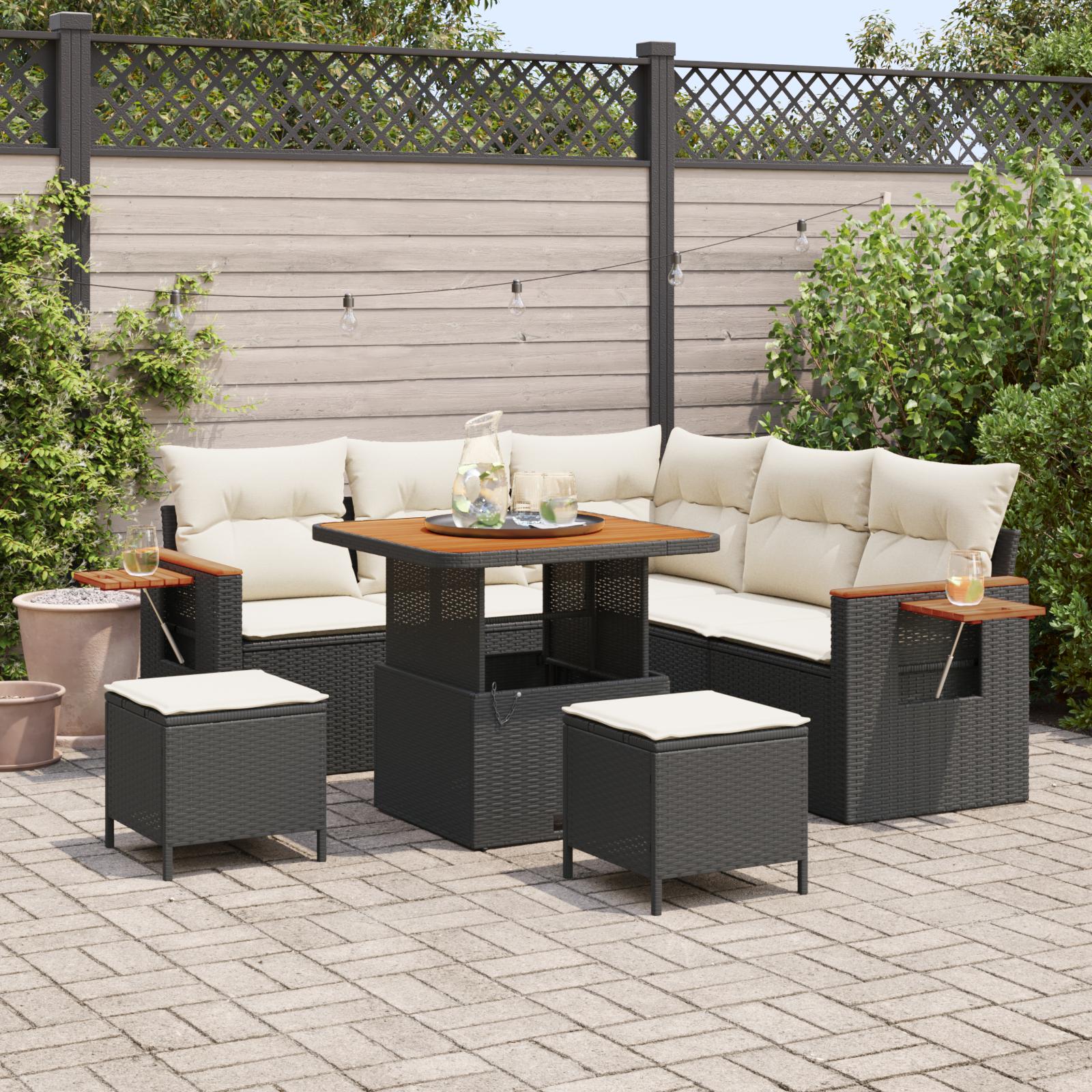 Havesofa sæt i polyrattan - 9 dele, sort/cream, modulopbygget