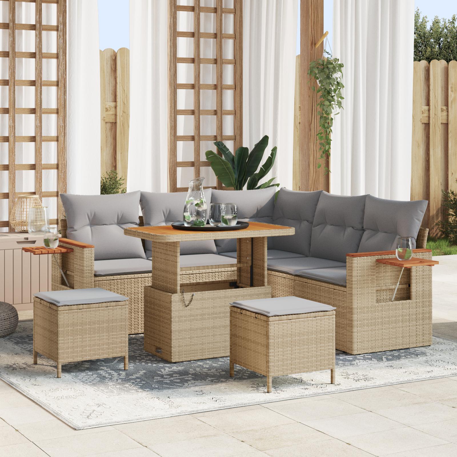 Modul havesofa sæt med puder - 9 dele, beige/lysegrå polyrattan