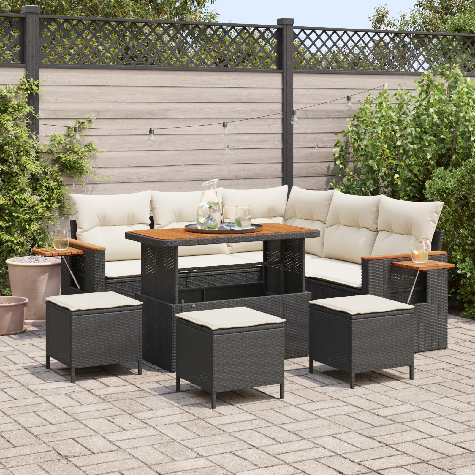 Modul havesofa sæt i polyrattan - 10 dele, sort/cream med akacietræ